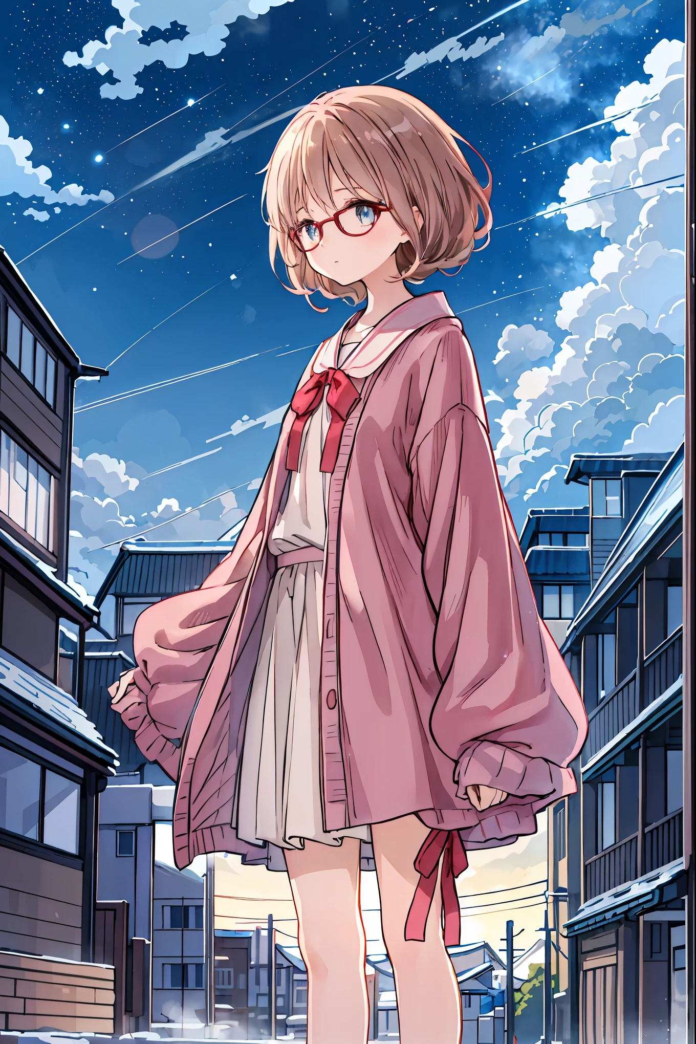Moonlight 、 anime-like 、night、Exterior of the building、Japan Housing、 beautiful sky、 Details、 beautiful、background、naked eye, tea hair, shortcuts, unkempt hair,Short braided hair,Neat, slender beautiful woman,Correct posture,Small chest, beautiful脚, has enchanting gray-blue eyes shining like stars,Droopy eyes, bright color, beautiful目,A delicate smile,Textured Skin, Best Quality at its Best ,優しくて beautiful女性, anime style、