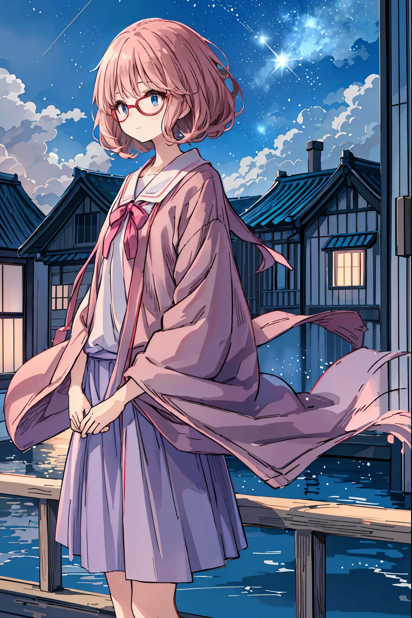  Moonlight  、 anime-like 、night、Exterior of the building、Japan Housing、 beautiful sky、  Details、 beautiful、background、naked eye， tea hair， shortcuts， unkempt hair，Short braided hair，Neat， slender beautiful woman，Correct posture，Small chest， beautiful脚， has enchanting gray-blue eyes shining like stars，Droopy eyes， bright color, beautiful目,A delicate smile,Textured Skin, Best Quality at its Best ,優しくて beautiful女性, anime style､