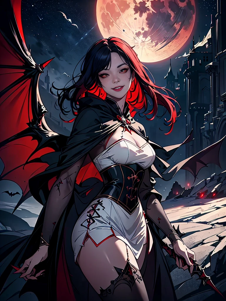 a picture of a female vampire cowboy in the desert night, a goth beauty, exquisite beautiful female vampire, ((anatomically correct: 1.5), (ultra detailed face: 1.2), best detailed face, red glowing eyes, full body, busty, wearing white bottom shirt, short skirt, dynamic color. wearing (cowboy hat: 1.2), wearing high heeled boots, it is night time in the desert, moon light. moon rays, west America desert canyon background, Hyperrealism style, vibrant, Ultra-high resolution, High Contrast, (masterpiece:1.5), highest quality, Best aesthetics), best details, best quality, highres, ultra wide angle, 16k, [ultra detailed], masterpiece, best quality, (extremely detailed) RAW, chumbasket art style, BloodSoakedAI, gothichorrorAI