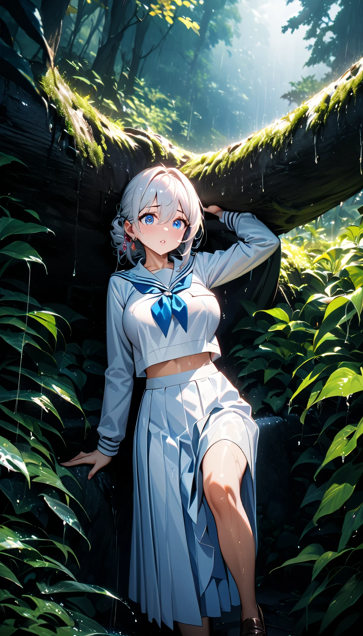 beautiful detailed girl,(masterpiece,best quality,extremely detailed:1.2),((cowboy shot:1.1)),(solo,,kawaii,slender,small breasts:1.25),(pained look:0.8),((white underwear) in ((Torn school uniform)):2),(dirty:2),blush,shy,weep,standing,(deep forest:1.5),(hug:0.4),rating: general, newest,Sexy face,(primitive:1.1)