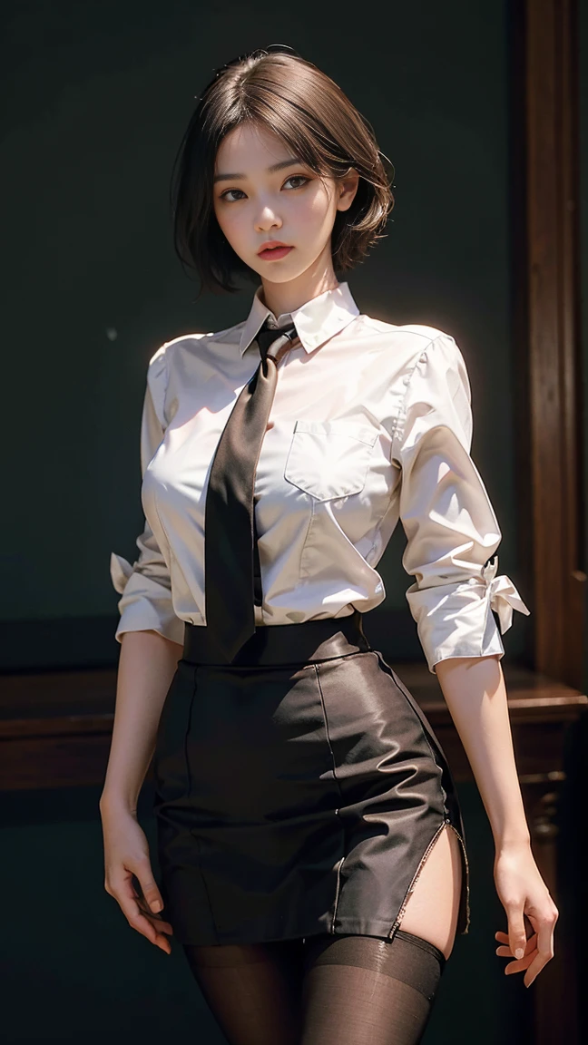 1girl,young girl, shiny skin,big breasts,nice leg line:1.3, thin waist,school uniform, thighhighs,necktie,((pencil skirt)),looking at viewer,from below,full body, ( pantyhose:1.3),(The golden ratio figure),
masterpiece, best quality, best perspective, ultra-detailed and intricate, extremely delicate and beautiful, best quality light, (ray tracing:1.1), anti-aliasing,
realistic,photorealistic,award-winning illustration,(intricate details:1.2),(delicate detailed) (intricate details),(cinematic light,best quality Backlights),clear line,sharp focus,official art,unity 8k wallpaper,absurdres,incredibly absurdres,huge filesize,ultra-detailed,highres,extremely detailed extremely delicate and beautiful,RAW photo, professional lighting,dynamic lighting,light on the face,depthoffield,solofocus,cool beauty,tall woman,black hair,short cut hair,Precisely expresses details such as face and skin texture,beautiful eye,double eyelid,delicate skin,slender body shape,alone,