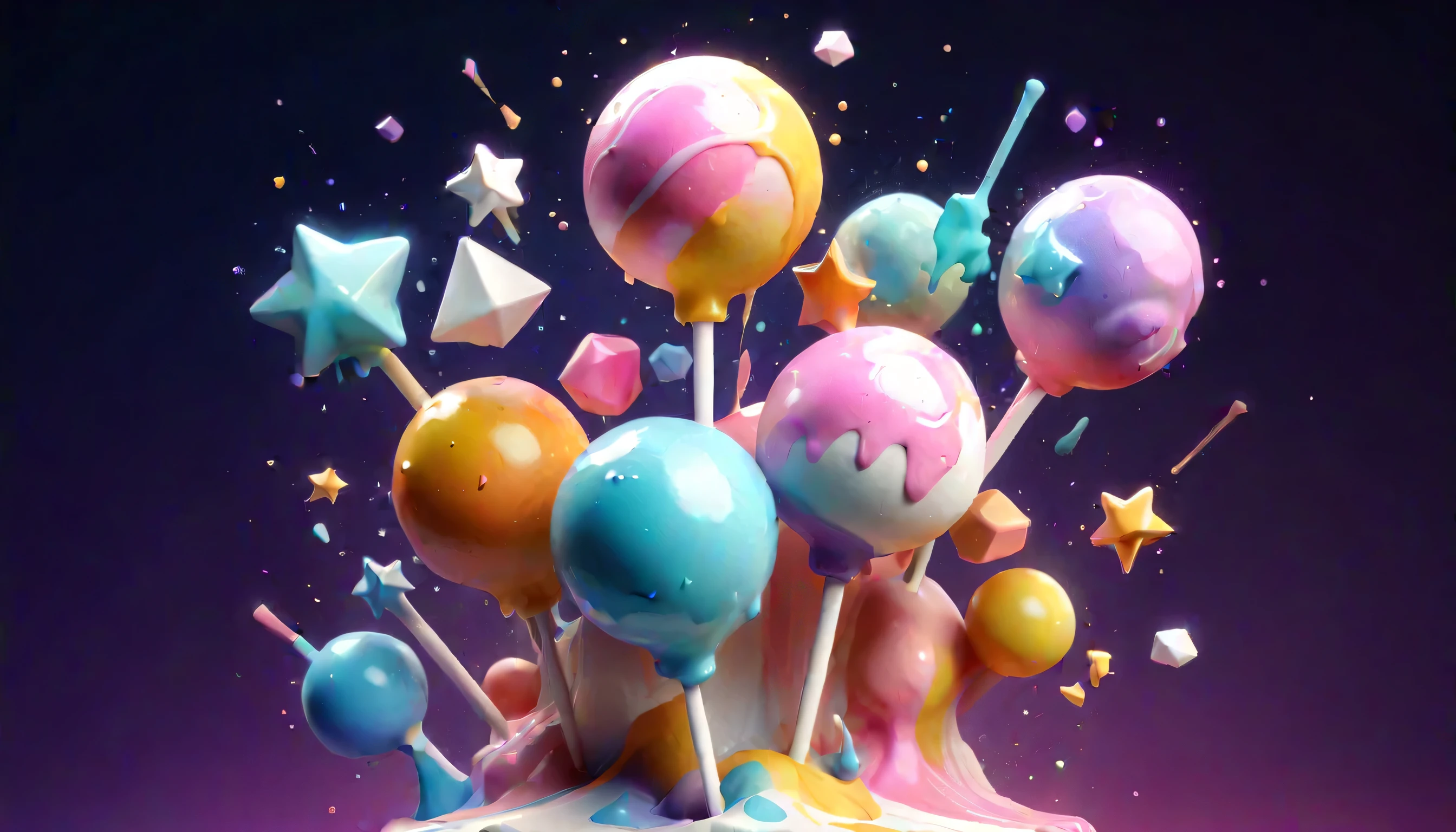 3d isometric, Blender Rendering, Soft colorful tones, YJ,  iridescent lollipops made from watercolor splashes, Geometric stars, Marshmallow, colorful triangles of paint splash , Paint Swirls, Paint drips, paint splash , Flash explosion two-tone lighting , Abstract geometric gradient, Geometric shapes,  simple background