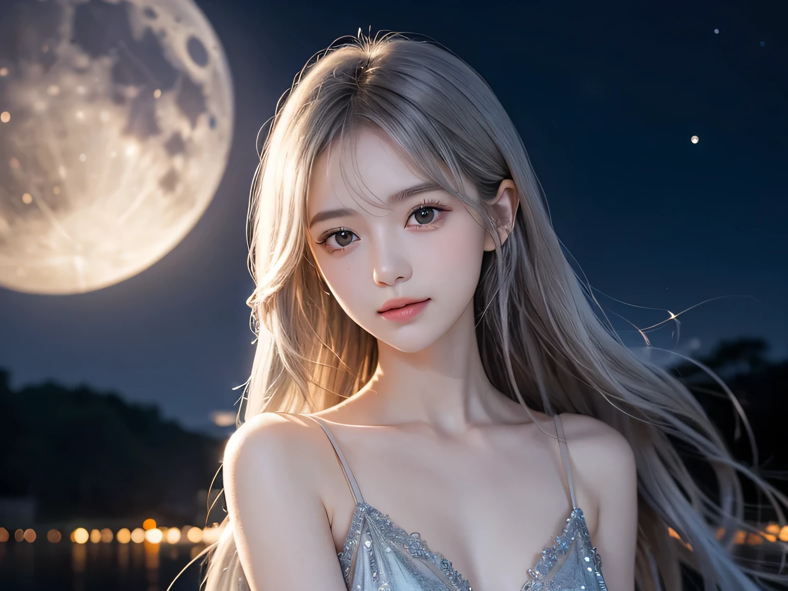 (8K、Live shooting、realistic:1.25)、1 girl、Tinkerbell looks like a 14 year old girl with a beautiful face、on top of an old castle、The moon is out、(silver hair、fly in the sky:1.1)、buckshot、fairy wings are transparent、smile、whole body、luminous bikini swimsuit、lip gloss、Glossy skin、highest quality、ultra high resolution、