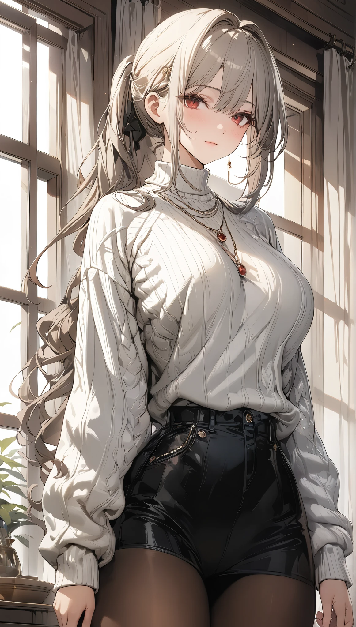 (masterpiece, top quality, best quality, official art, beautiful and aesthetic:1.2),(8k, best quality, masterpiece:1.2), (((masterpiece))),(((best quality))),(((extremely detailed))),illustration, (masterpiece, top quality, best quality, official art, beautiful and aesthetic:1.2),(8k, best quality, masterpiece:1.2), masterpiece, best quality, illustration, highres, ultra-detailed, 1girl, 1girl, solo , breasts, long hair, looking at viewer, sweater, red eyes, large breasts, ponytail, turtleneck, grey hair, closed mouth, long sleeves, white sweater, turtleneck sweater, cowboy shot, brown pantyhose, indoors, , hair intakes, window, white background, facing towards the viewers