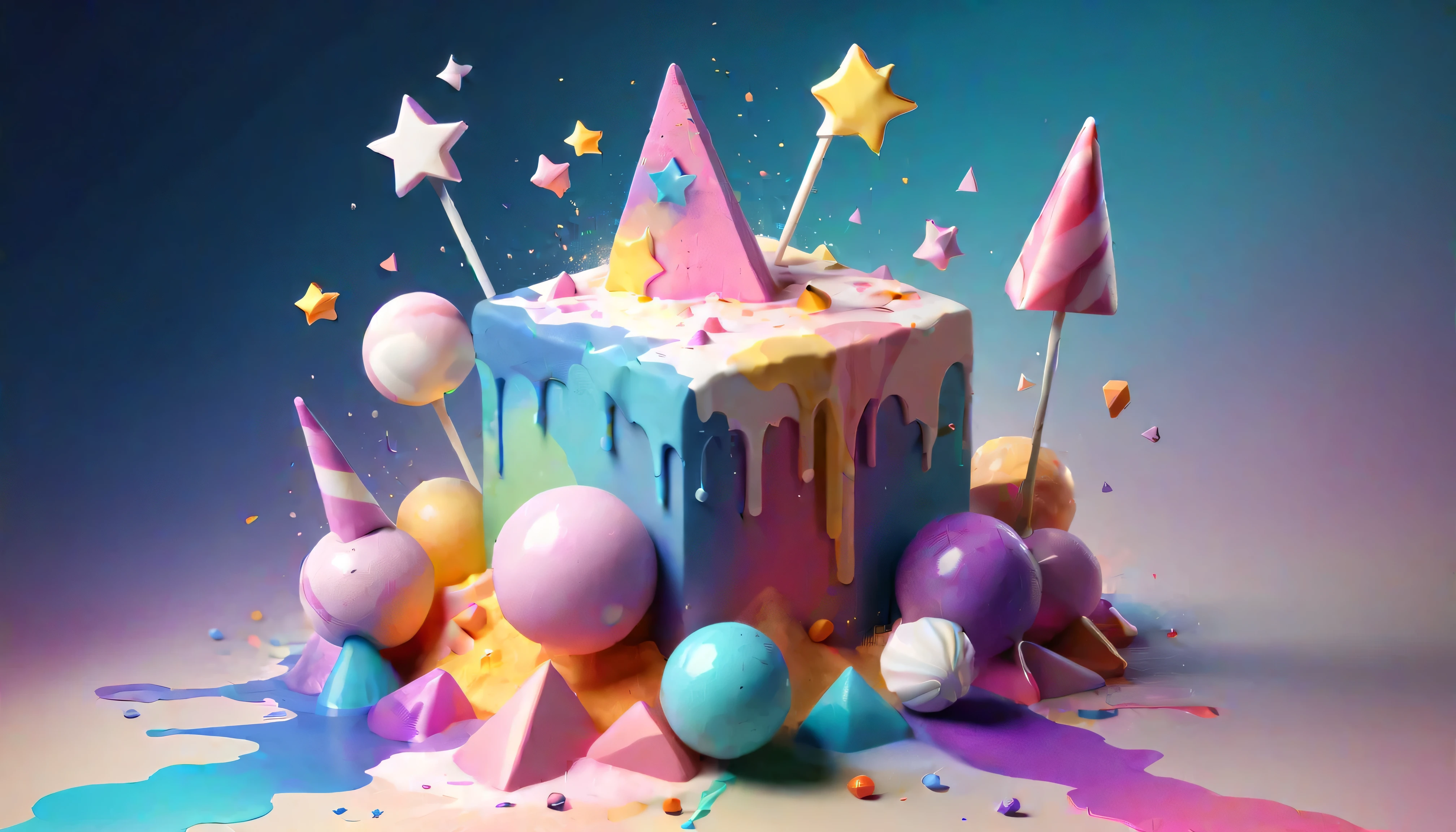 3d isometric, Blender Rendering, Soft colorful tones, YJ,  iridescent lollipops made from watercolor splashes, Geometric stars, Marshmallow, colorful triangles of paint splash , Paint Swirls, Paint drips, paint splash , Flash explosion two-tone lighting , Abstract geometric gradient, Geometric shapes,  simple background