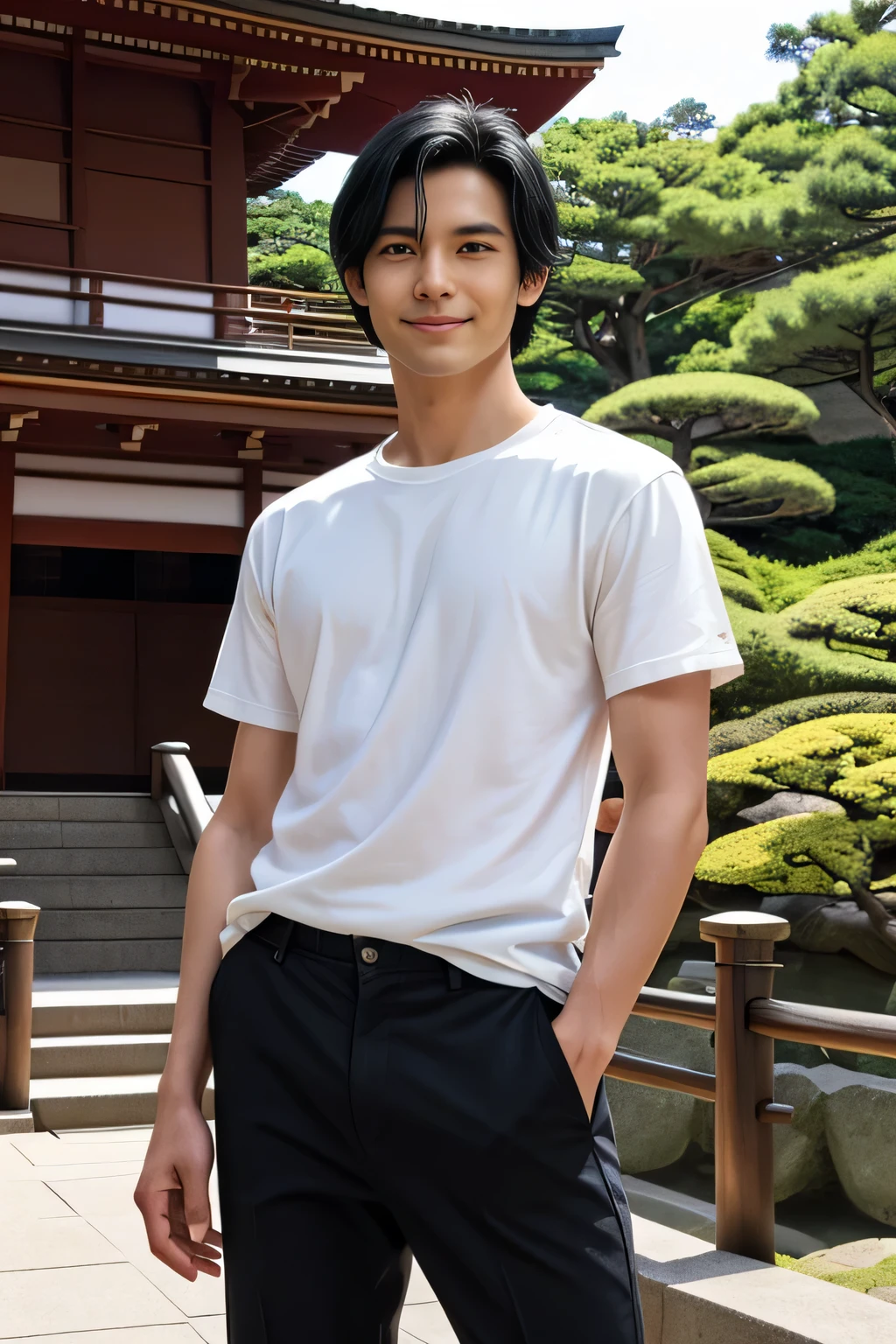 25 year old cool guy 、Model-like、 chic and casual clothes、 delicate face、 is cool、 I like black hair 、 brown eyes、Sunny daytime、Cool standing posture、The scenery in the background is Kinkakuji in Japan、 live-action shooting style 、High quality 8K、 bright smile、Model-like、One Man 、