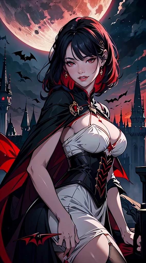 A huge, blood-red full moon peeked through the clouds. A beautiful, busty, mature vampire woman stepped onto the balcony in a crimson-lined, jet-black cloak., In this 16k, masterpiece, every proportion is ideally aligned, making her a seductive and toxic vision, nsfw, masterpiece, (slyly looks:1.1), (Cruel grinning eyes:1.1), perfect anatomy, ideal facial features, ideally proportioned figure, perfectly beautiful body, incredibly absurd res, absolutely resolution,16k wallpaper, looking down at us, Dutch angle, (from diagonally below),