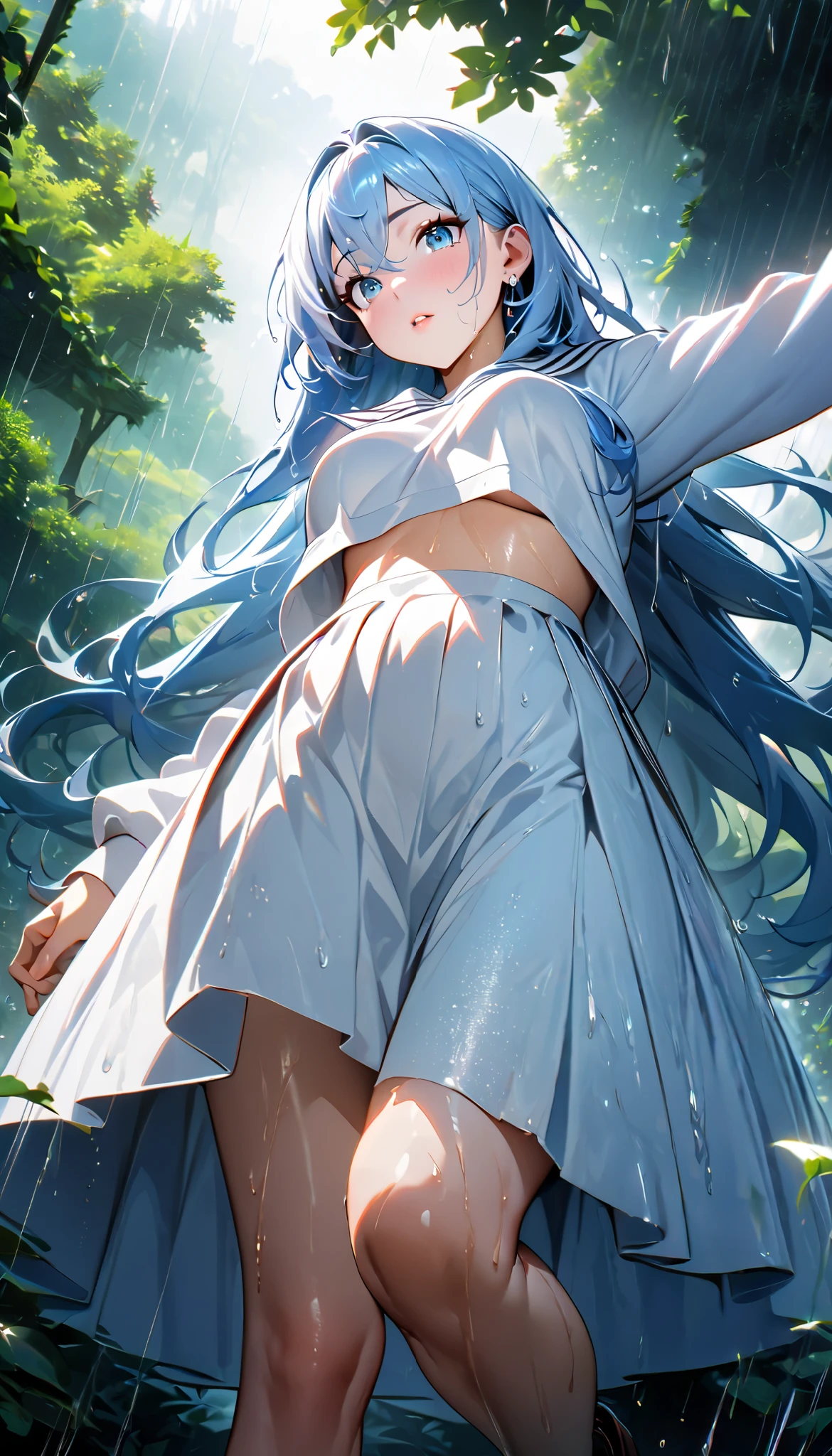 ( Beautiful Girl : 1.3), 1 girl,Masterpiece,  best quality ,  Ultra high resolution , rich contrast , Super High Definition,8k,  Highly Detailed CG Unit Wallpaper, texture , Incredibly Dumb , Ultra high resolution , RAW photo,Depth of written boundary 1.2,(  Leg-Reaching White Sailor Suit  & Light Blue Skirt ), tea hair,On two sides, super detailed eyes, sensual, growing skin, Glitter Effect, beautiful shiny lips , loafers ,Rain dripping leaves, sunlight filtering through the trees, after rainの香り, sigh, looks up at the ,( wet),( big breasts), after rain, FOCUS ON THE LIPS,  frontal close-up shot, natural cosmetics, earrings