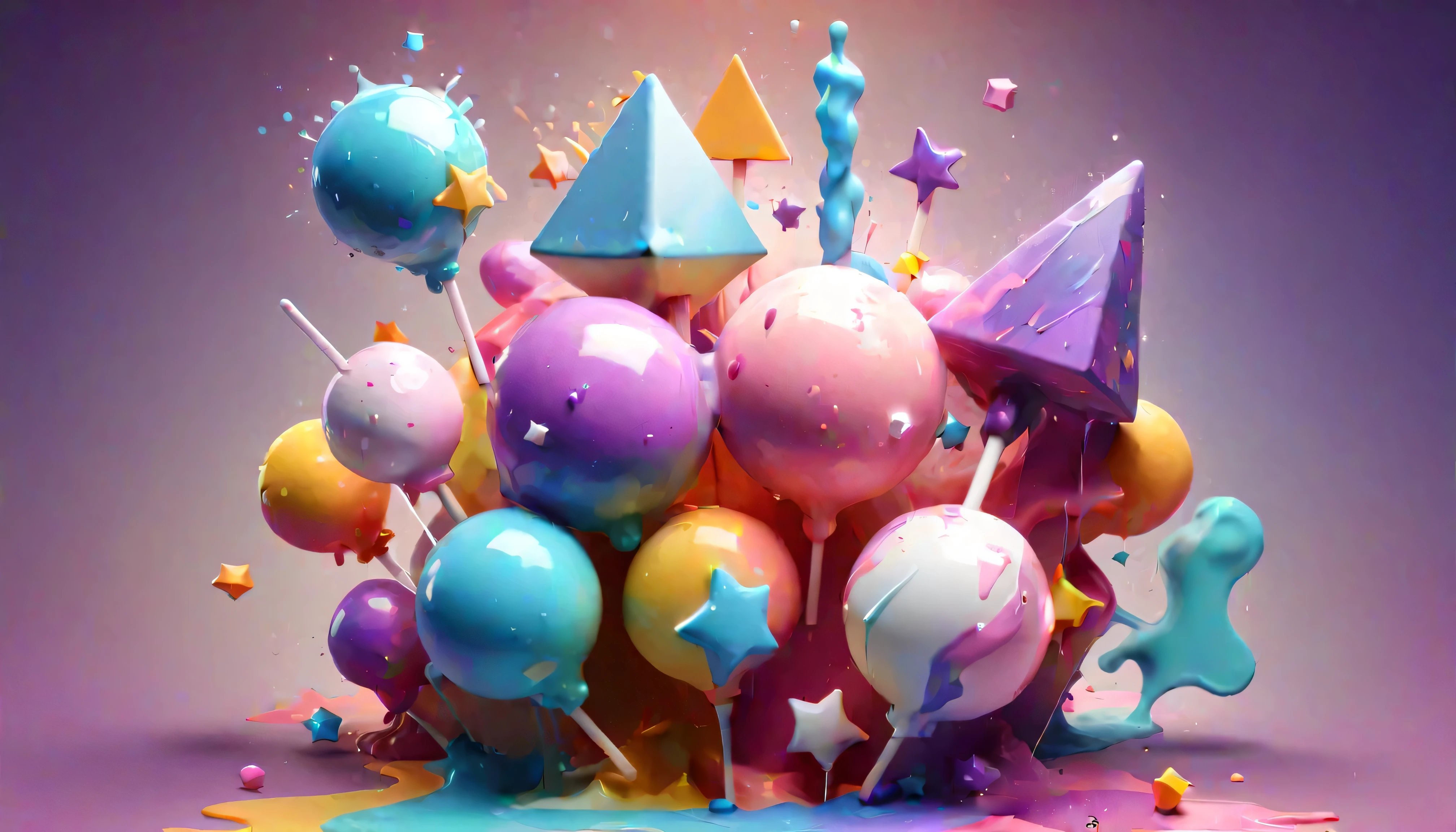 3d isometric, Blender Rendering, Soft colorful tones, YJ,  iridescent lollipops made from watercolor splashes, Geometric stars, Marshmallow, colorful triangles of paint splash , Paint Swirls, Paint drips, paint splash , Flash explosion two-tone lighting , Abstract geometric gradient, Geometric shapes,  simple background