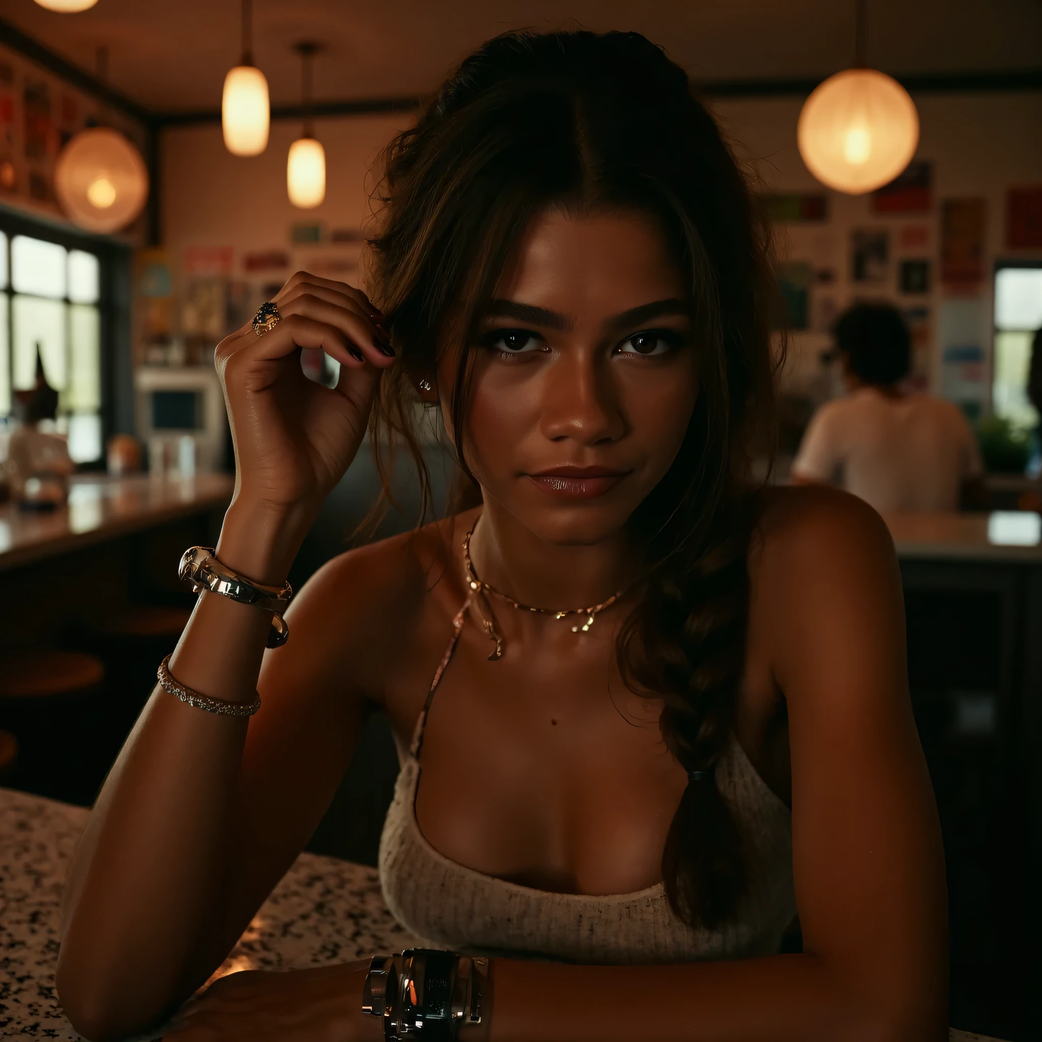 a gorgeus woman, dark hair, sitting at the counter of a filthy bar, side braid, eye reflection, raised eyebrows, naughty, excited, depth of field, glowing light, from below, masterpiece, 16k