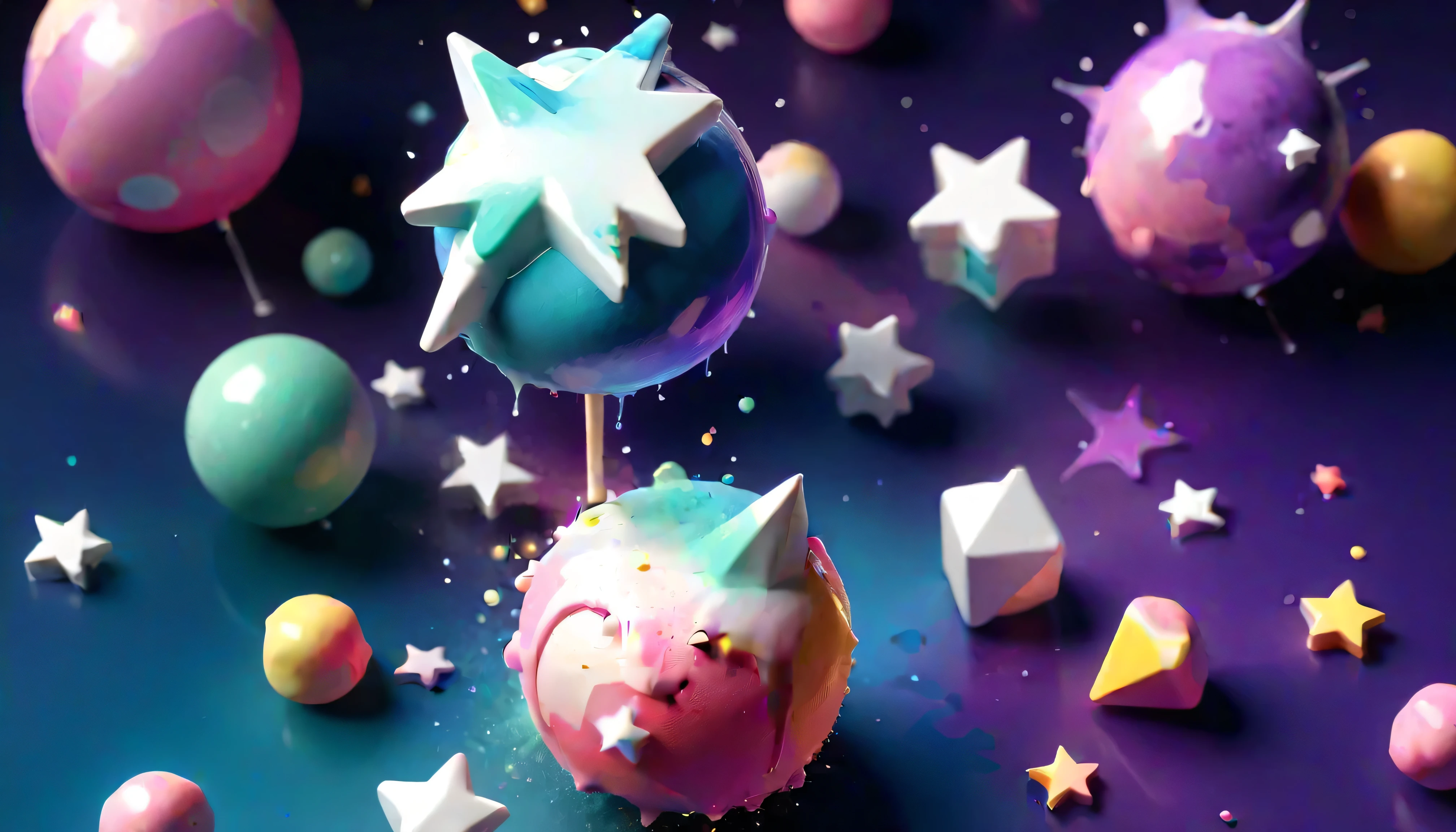 3d isometric, Blender Rendering, Soft colorful tones, YJ, iridescent lollipops made from watercolor splashes, Geometric stars, Marshmallow, colorful triangles of paint splash , Paint Swirls, Paint drips, paint splash , Flash explosion two-tone lighting , Abstract geometric gradient, Geometric shapes, simple background