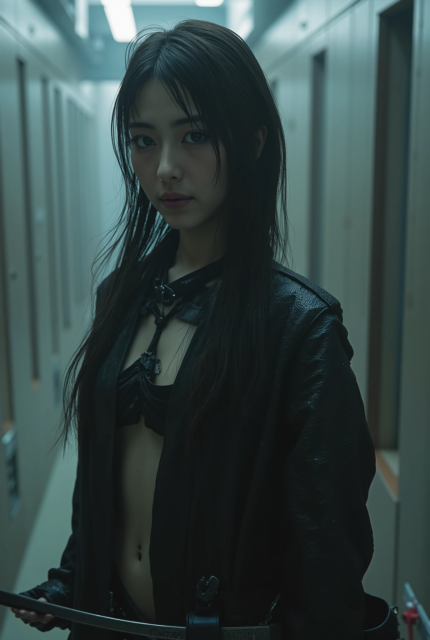 (((Hold a cyberpunk-style Japanese sword:2.0))),((whole body:2.0)),( Look Back and Look at the Camera:1.5),(Rear View:1.5),(Look back over your shoulder:1.5), one woman,( cute face),(Beautiful well-balanced face ),( natural big breasted :1.5),( black hair:1.5),( beautiful eyes:1.3),Glamorous shot of a 20 year old Japanese woman , Slender Beautiful Body ,( model body type:1.3),(Slim body:1.3), perfect body line, Ideal Proportions ,( big breasts:1.5),Bare thighs,Voluptuous thighs, delicate body,( Shrimp),A harmonious posture,(Beautiful ass:2.0),(( Cute ass:2.0)), ((((bare ass :2.0)))),(((( back:2.0))),(Realistic breast depiction ), carefully depicting limbs based on perfect anatomy ,((Wear a samurai kimono-style military coat with an open front over a black super high-leg leotard :2.0,((Ultra high-leg leotard made of form-fitting camy-like latex:1.5)),((A samurai kimono-style military jacket with an open front over a leotard:1.5)),(ear monitor:1.5),((Tactical Holster:1.5)),( gloves:1.3), concept art,((( HR Gigger-style cyberpunk atmosphere :2.0))),( best quality :1.5),(masterpiece:1.5),(超高resolution),resolution,UHD,( Delicate Depiction), carefully drawn with butterfly wings ,32K,(( Realistic Skin Texture :1.5)),((( Ultra Realistic:1.5))),Draw eyelashes carefully, very detailed face,Highly detailed female hand,Sexy appearance,Very sensual,(((The dark interior of the Nostromo ship :2.0))),(Blurry Dim Backgrounds :1.5), Polo,( movie lights:2.0),((Blade Runner Style Light :2.0))