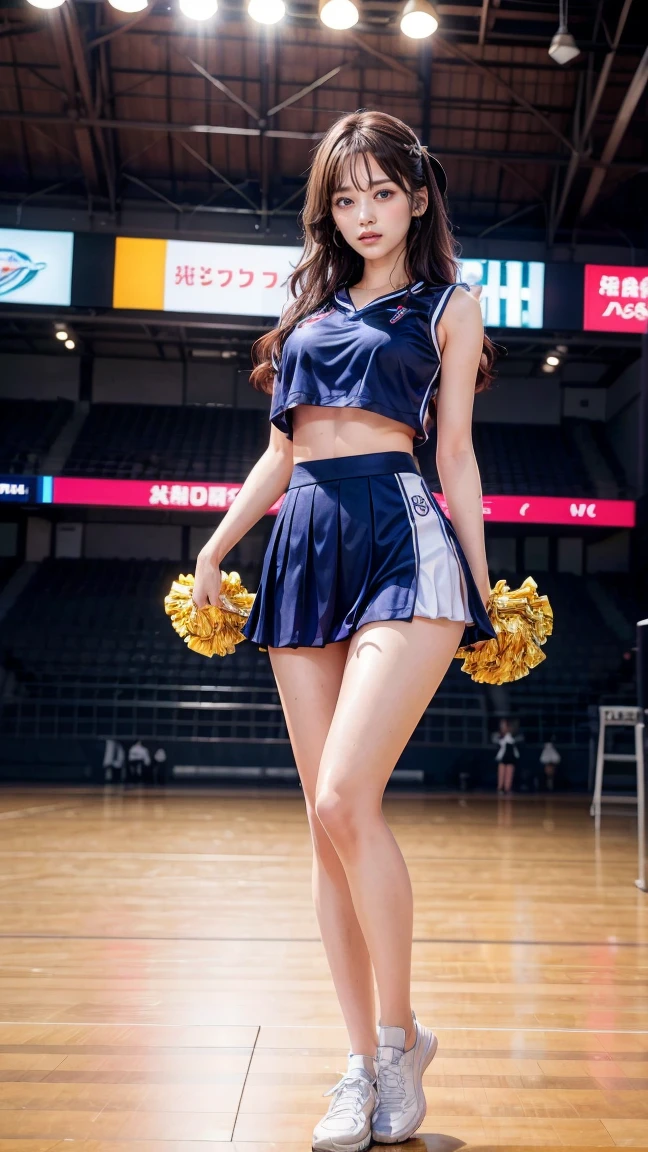 "((Highest quality)), ((masterpiece)), (detailed), Perfect Face, masterpiece, Best Quality, Illustration, Ultra-detailed, finely detail, high resolution, 8K Wallpaper, Perfect dynamic composition, Beautiful detailed eyes. A young woman with semi-long black hair is wearing a cheerleader costume. She is walking along the sideline in a stadium with a large crowd and bright lights, her pom-poms swinging by her sides. The camera angle is from behind, using a long focal length to emphasize her movement and the dynamic composition."
