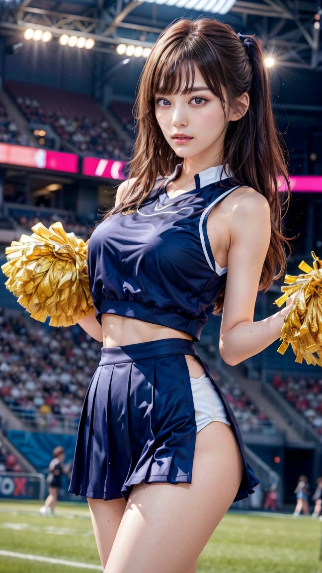 (((Sleeveless cheerleader Costume))),(((holding a pom-poms))),(((Skirt lift:1.5))),(((cleavage cutout))),(((hands up))),(((bare inner thigh))),(((bare sport panty))),ulzzang-6500-v1.1, (Raw photo:1.2), (Photo realistic:1.4), a beautiful detailed girl, extremely detailed eye and face, beautiful detailed eyes, ultra-detailed, High resolution, top-quality, ​masterpiece, highly detailed, 8k wallpaper, Wonderful, finely detail, top-quality, Light on the face,电影灯光,1girl in,(Taoyuan International Baseball Stadium in Taiwan),Beautiful eyes,smile,Opening Mouth