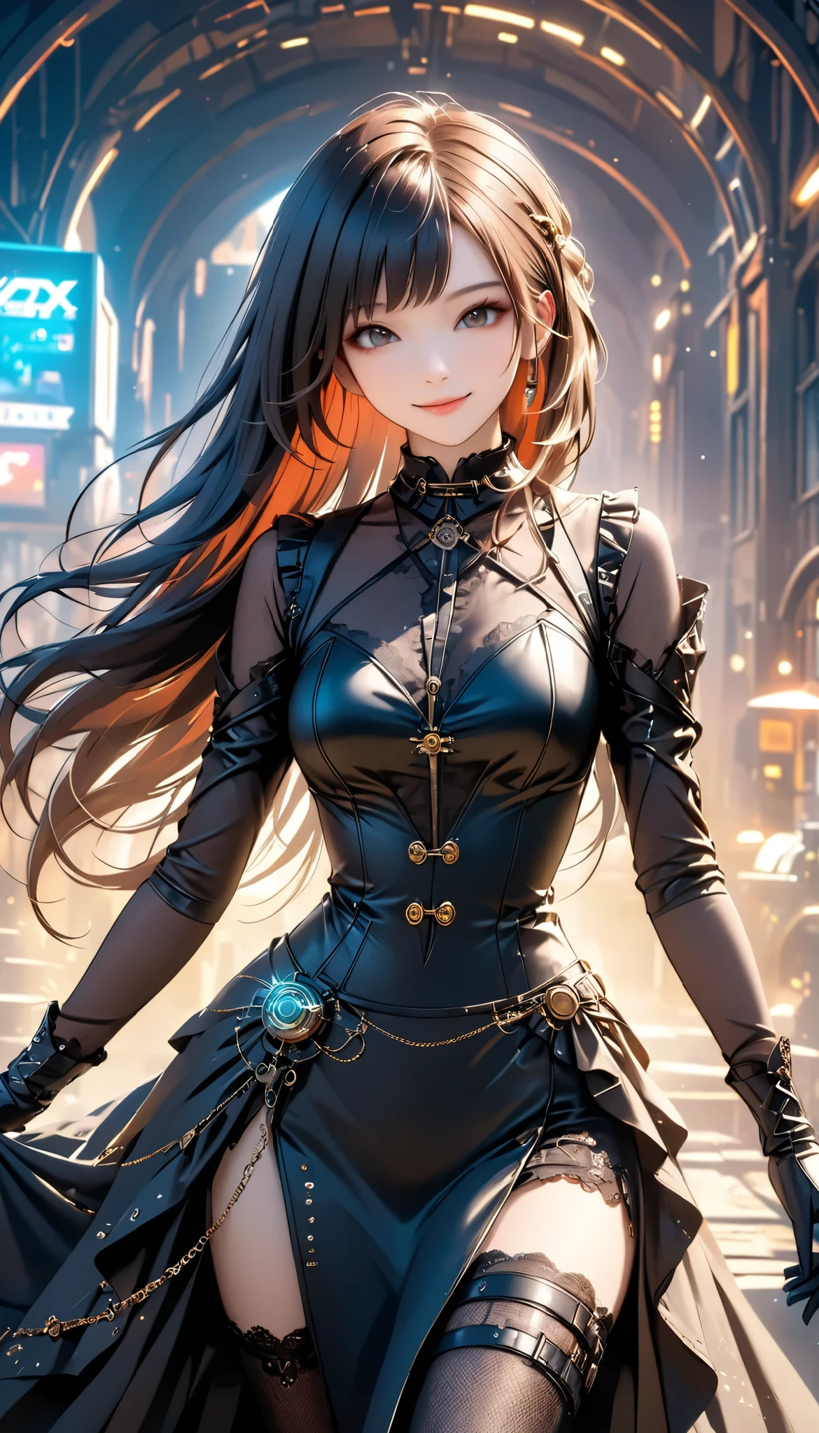 best quality , HD, 16k, Incredibly Dumb , very detailed, 2.5D, delicate and dynamic , a solo sexy girl, ,, enchanting smile, , great style , Gothic Black Long Dress , English Style Steampunk,,, cyberpunk, Glitter Effect, A day with my gothic girlfriend, , ,