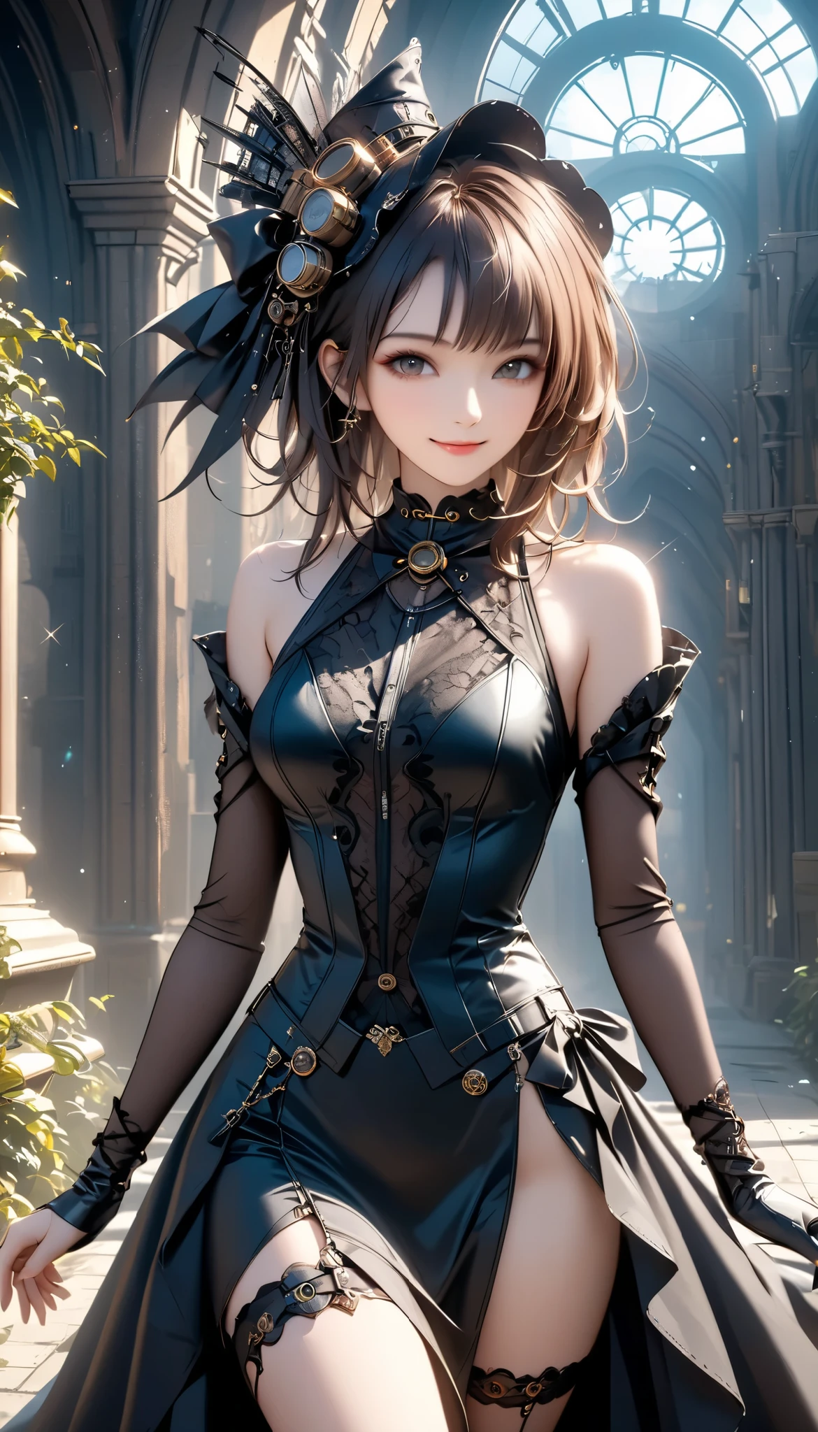 best quality , HD, 16k, Incredibly Dumb , very detailed, 2.5D, delicate and dynamic , a solo sexy girl, ,, enchanting smile, , great style , Gothic Black Long Dress , English Style Steampunk,,, cyberpunk, Glitter Effect, A day with my gothic girlfriend, , ,