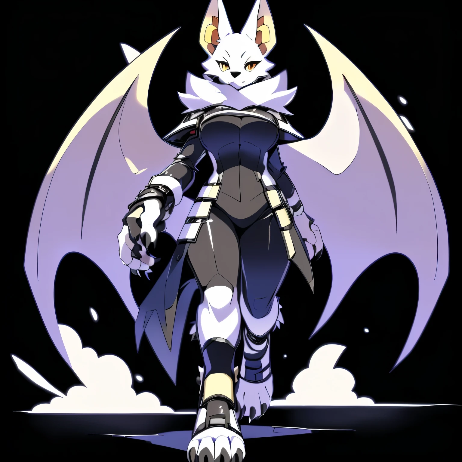 Anime, anime style, ((single person:2)), ((solo drawing:2)), ((solo:2)), ((three-quarter view)), ((Looking to the side)), ((sfw version)), ((female Anthro bat)), ((Tall figure)), ((buxom figure)), ((short white fur)), clawed hands, ((clawed paws)), ((Single Pair of Wings)), ((Huge Bat Wings)), ((Purple and black Bat Wings:1.2)), ((white bat ears)), ((wearing a dark intimidating outfit)), ((white face)), ((neutral expression)), vivid golden eyes, ((digitigrade legs)), ((digitigrade feet)), ((walking)), solid black background, highly detailed anime style, clean lines, white face, short white muzzle, white furry cheeks, white furry muzzle, ((white foot paws)), ((foot paws with four toes)), ((Claws on paws))
