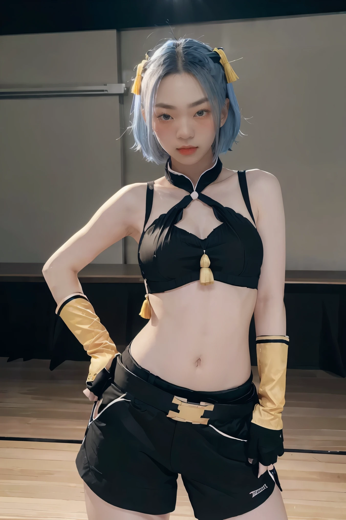 1girl, ((midriff, navel)), looking at viewer, japanese dojo, (cinematic lighting, best quality, masterpiece, hand on hips, high skin details, best quality, highres, HD, 4K, 8k, super detail), (kujou sara:1.3), mask on head, blue hair, short hair, yellow eyes, tassel, gloves
