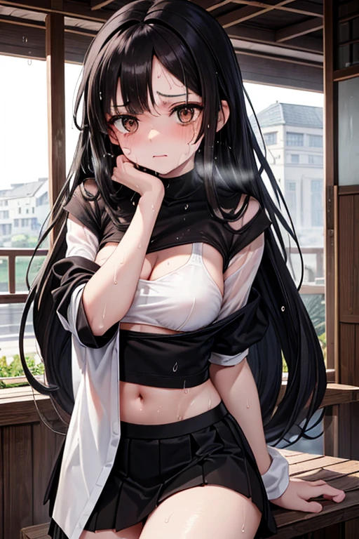 One girl、Red eyes、Black Hair、short、Black underwear、Embarrassed face、cute、Small breasts