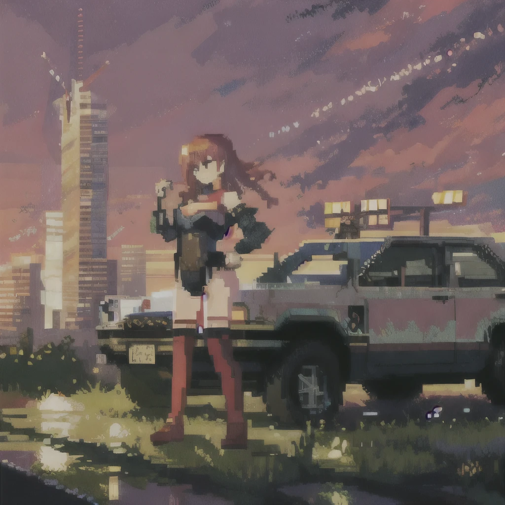 (( Game Pixel Art)), mix 4,(8k, RAW photo, best quality , Masterpiece:1.2), ( realistic, photo- realistic:1.37), 1 girl, is cute ,Cityscape, knight , rain, wet, professional lighting , photon mapping, radiosity、YELLOW SUV, physics-based rendering, full body,thighhighs, leg summary , chest, 重いchest, bright red sky , cyberpunk、 sexy、車の横に 1 girl,Red Flaming Sky 、 wet路面、Metropolis