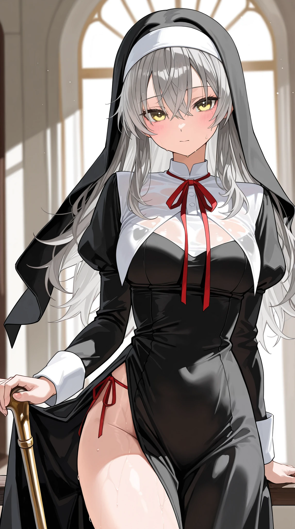 1girl, nun girl, red eyes, long hair, white hair, wearing a nun costume, sexy, attractive, medium breasts