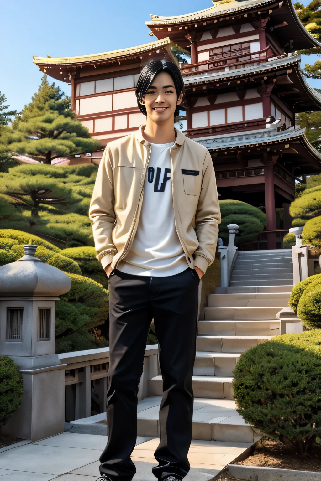 25 year old cool guy 、Model-like、 chic and casual clothes、 delicate face、 is cool、 I like black hair 、 brown eyes、Winter daytime on a clear day 、Cool standing posture、 The background scenery is Kinkakuji、 live-action shooting style 、High quality 8K、 bright smile、Model-like、One Man 、