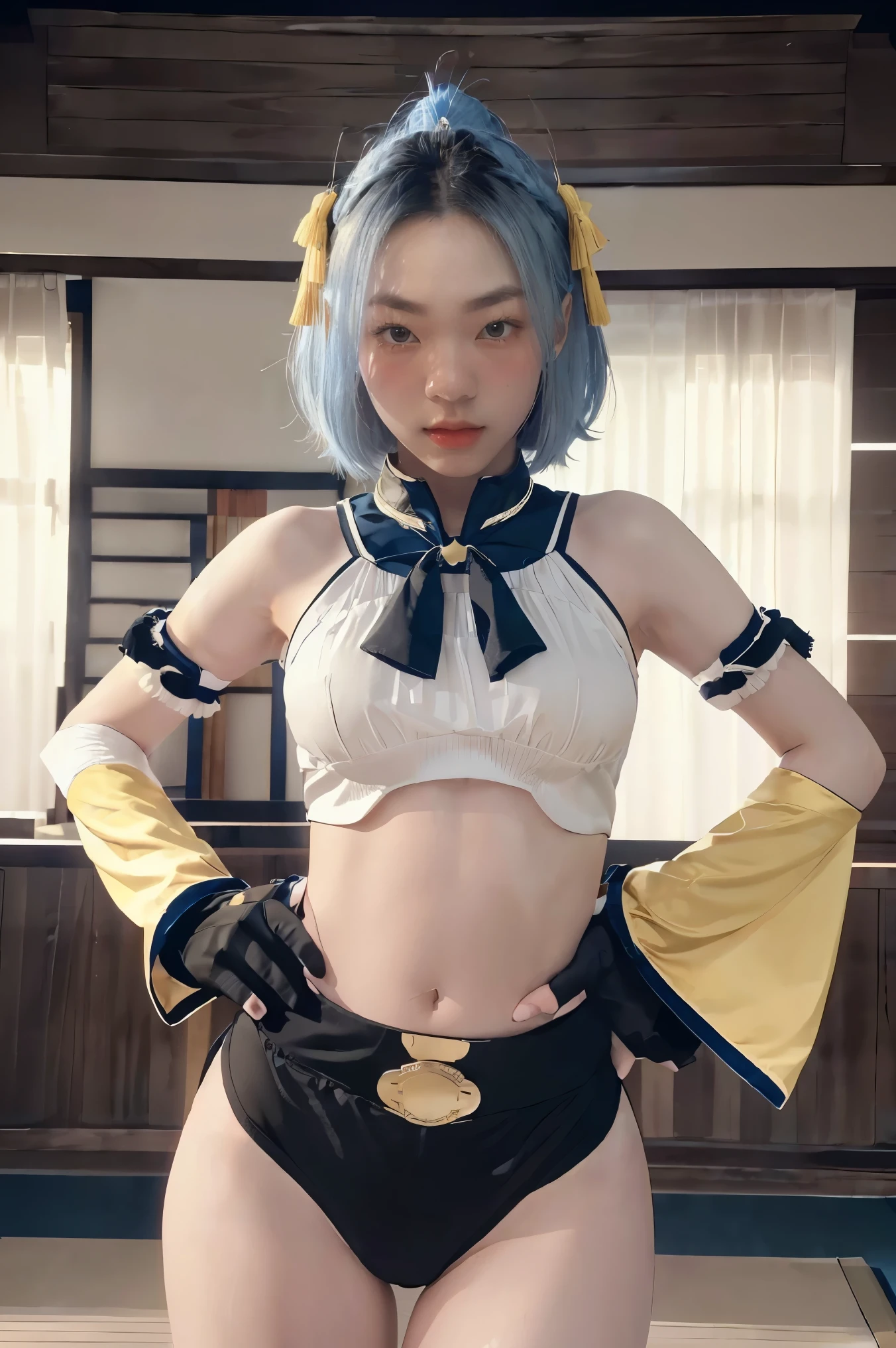 1girl, ((midriff, navel)), looking at viewer, japanese dojo, (cinematic lighting, best quality, masterpiece, hand on hips, high skin details, best quality, highres, HD, 4K, 8k, super detail), (kujou sara:1.3), mask on head, blue hair, short hair, yellow eyes, tassel, gloves