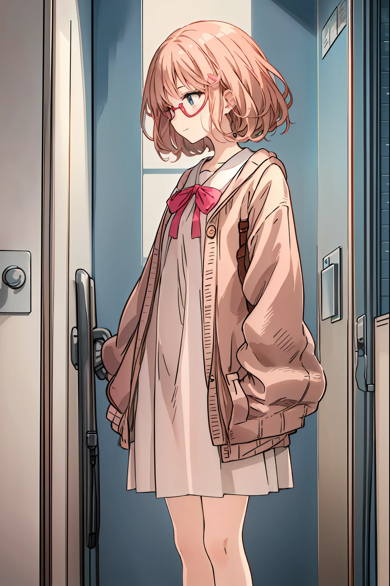 character depth , best quality , cute girl, bedroom, pastel, small, long brown hair, bright lighting , Light Pink Eye , tea hair, shortcuts, unkempt hair,Short braided hair,Neat, slender beautiful woman,Correct posture,Small chest, Beautiful Legs, has enchanting gray-blue eyes shining like stars,Droopy eyes, bright color, beautiful eyes,A delicate smile,Textured Skin, Best Quality at its Best , gentle and beautiful woman , anime style、