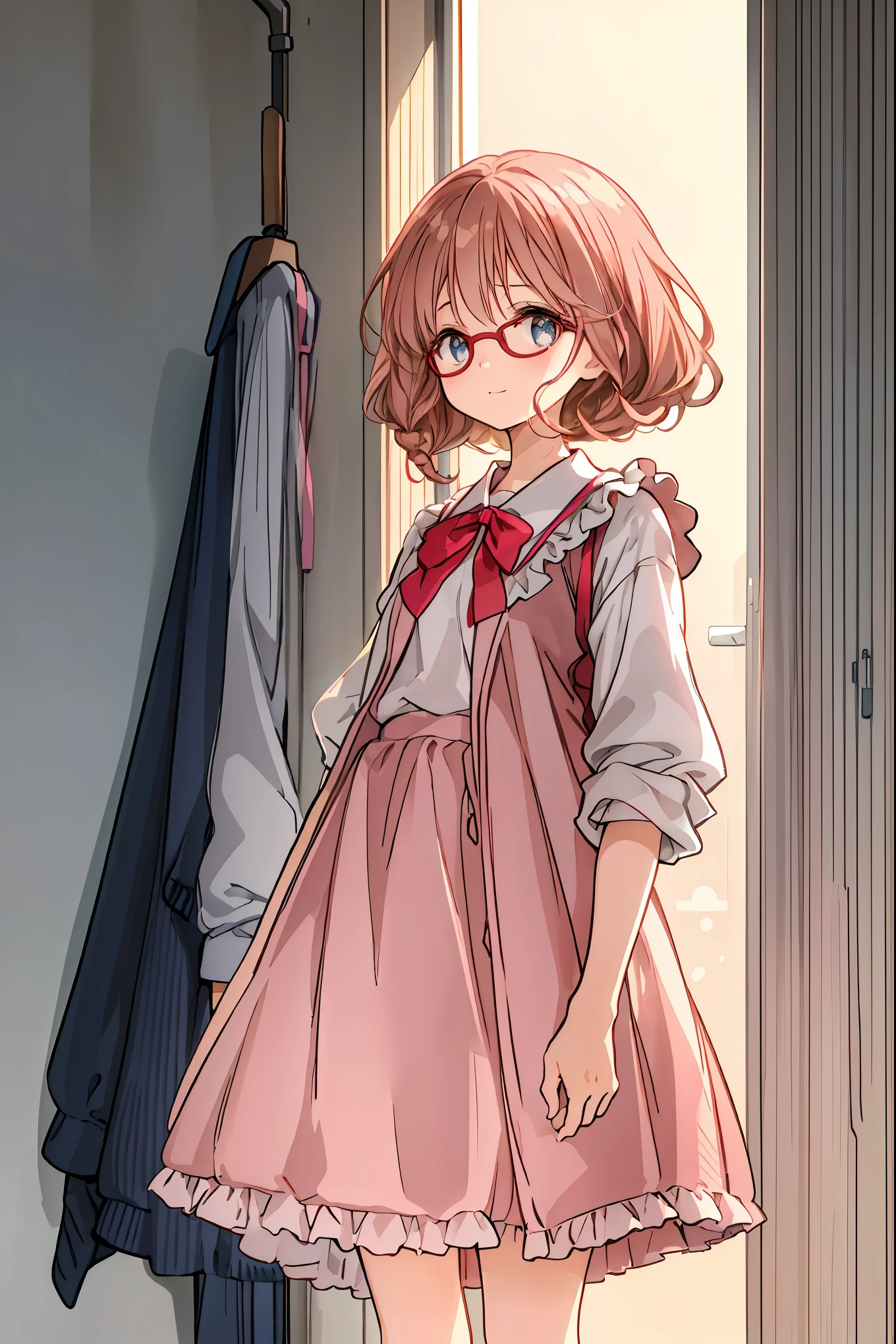 character depth  ,  best quality , cute girl, bedroom,  pastel,  small,  long brown hair,  bright lighting , Light Pink Eye ， tea hair， shortcuts， unkempt hair，Short braided hair，Neat， slender beautiful woman，Correct posture，Small chest， Beautiful Legs， has enchanting gray-blue eyes shining like stars，Droopy eyes， bright color, beautiful eyes,A delicate smile,Textured Skin, Best Quality at its Best , gentle and beautiful woman , anime style､
