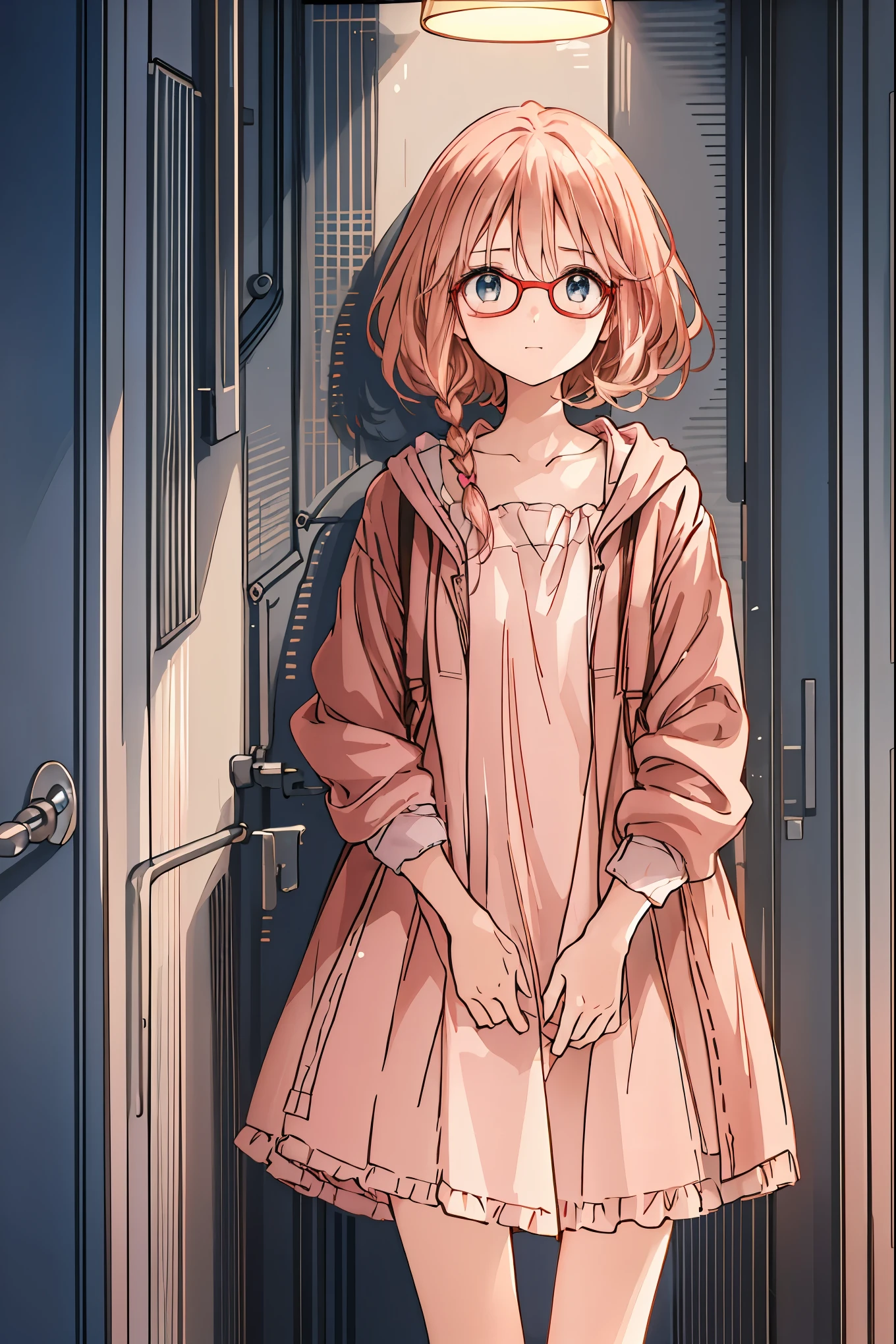 character depth , best quality , cute girl, bedroom, pastel, small, long brown hair, bright lighting , Light Pink Eye , tea hair, shortcuts, unkempt hair,Short braided hair,Neat, slender beautiful woman,Correct posture,Small chest, Beautiful Legs, has enchanting gray-blue eyes shining like stars,Droopy eyes, bright color, beautiful eyes,A delicate smile,Textured Skin, Best Quality at its Best , gentle and beautiful woman , anime style、