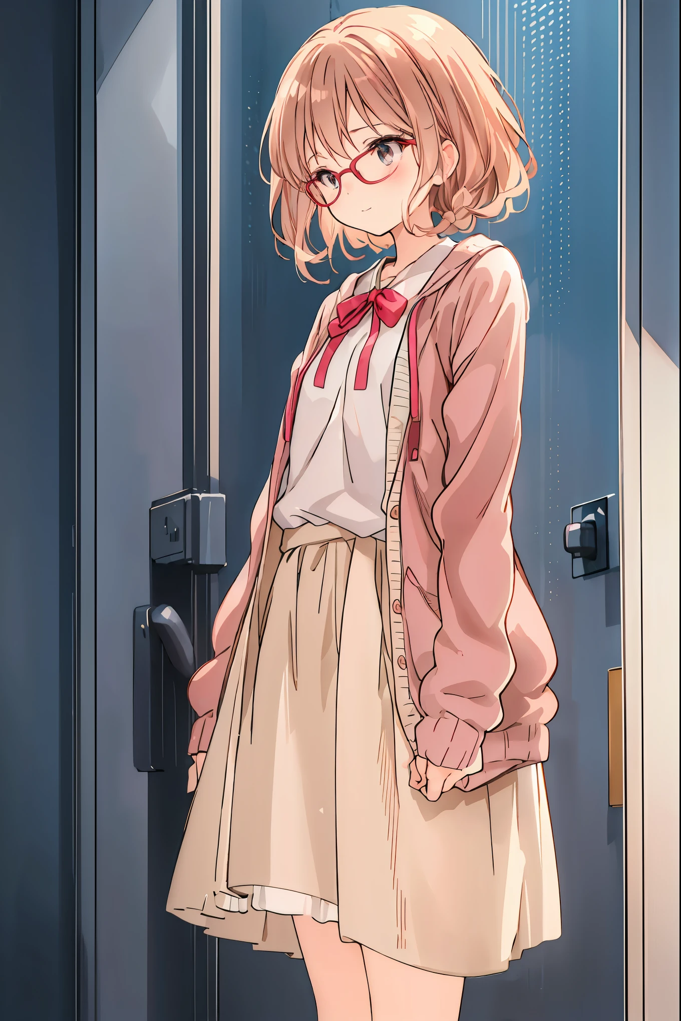  character depth  ,  best quality , cute girl, bedroom,  pastel,  small,  long brown hair,  bright lighting , Light Pink Eye ， tea hair， shortcuts， unkempt hair，Short braided hair，Neat， slender beautiful woman，Correct posture，Small chest， Beautiful Legs， has enchanting gray-blue eyes shining like stars，Droopy eyes， bright color, beautiful eyes,A delicate smile,Textured Skin, Best Quality at its Best , gentle and beautiful woman , anime style､
