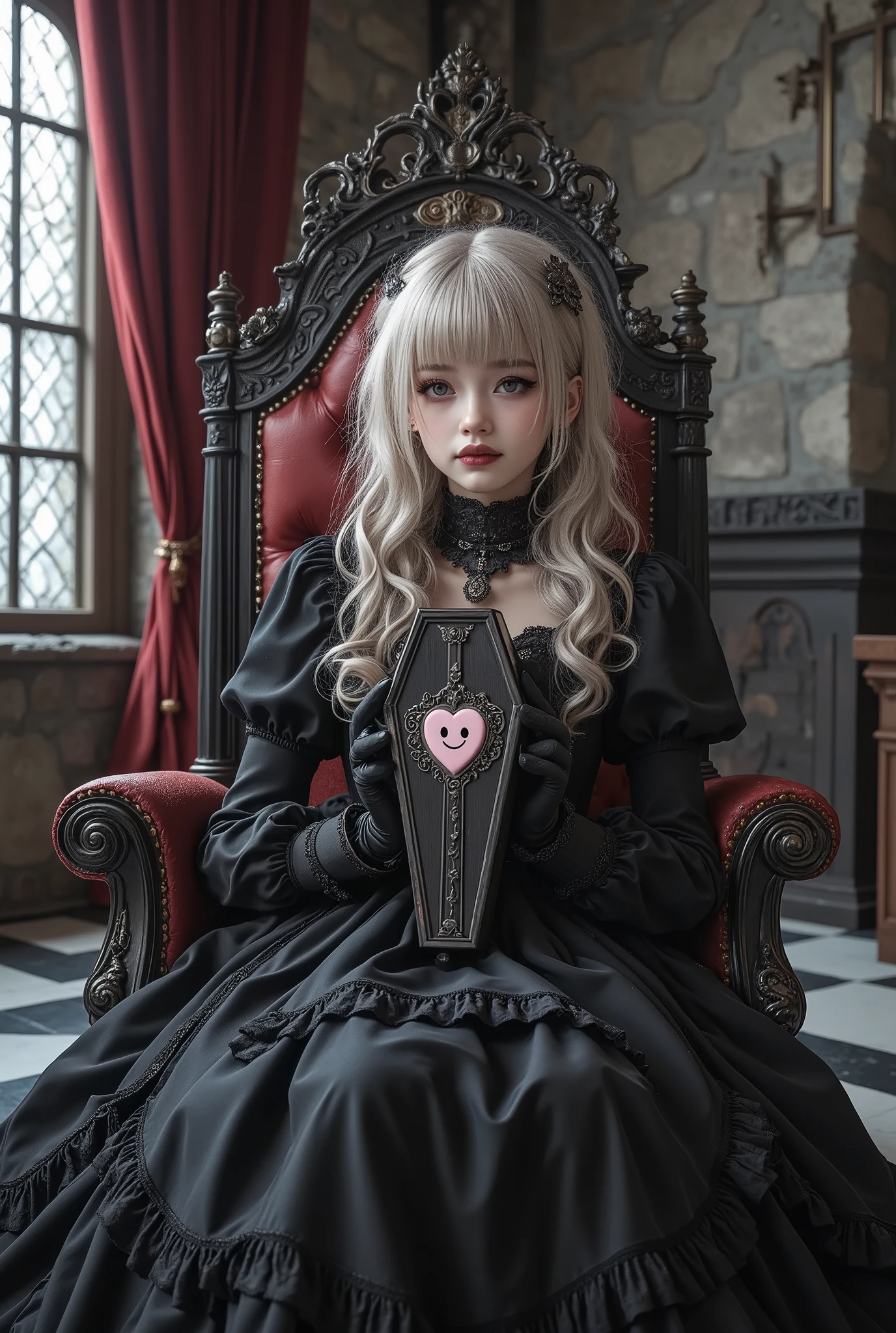 A gothic ta girl sits elegantly on an ornate gothic chair placed in a gothic-style room. She holds a small-coffin about the size of her head with both hands, small-coffin\(decorated with a pink cute heart symbol with a smiling face in its center\), She has long, curly blonde hair and wears a black gothic loliress featuring elaborate frills, lace, a high collar, and dramatic puffed sleeves. She also wears black gloves and a black choker with a pendant. Her pale skin is accentuated by dramatic visual kei-inspired makeup, including bold eyeliner, smoky eyeshadow, intricate patterns around her eyes, and dark lipstick, creating an intense and striking appearance. Her calm and composed expression enhances the solemn and artistic atmosphere. The room features stone walls, a stained glass window casting soft light, red velvet curtains, and a checkered black-and-white floor. Rendered in Glow Effect and Dynamic Lighting, the scene is ultra-detailed and high quality in 8k resolution.