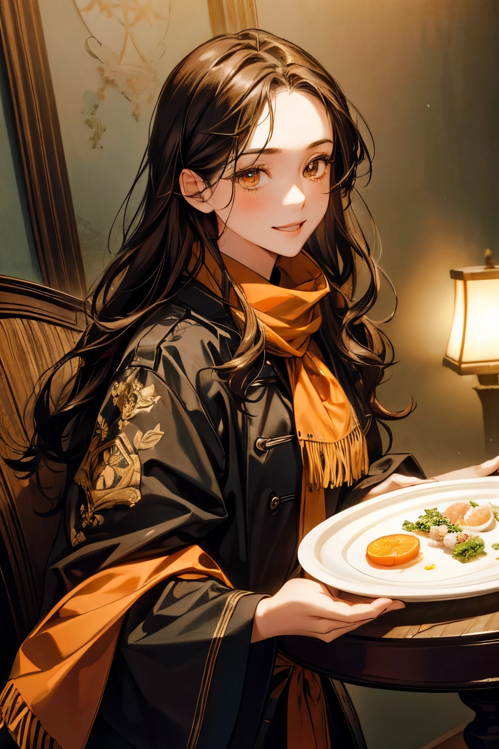 ((masterpiece:1.2))、( best quality )、( photorealistic、 photorealistic:1.37)、( Details)、( cute illustration :1.5)、( wearing a trench coat and scarf )、( Very Beautiful Symmetrical Face )、( overly mature attractive woman )、(Eye-catching highlights)、( high resolution)、(32K)、(非常に Details)、(美しく Detailsな目)、( Official Art)、{{masterpiece、 best quality 、非常に Detailsな CG、均一な 8k high resolution、 cinematic lighting }}、(美しくMidea:1.2)、(Anatomically normal、8k、16k、超 Details、Midea)、( best illustration)、8k、3d、joy、 airy clean background 、Midea雰囲気、 muted colors、 dramatic studio lighting 、 High Contrast、 photorealism 、whole body、( very beautiful woman with a very cute smile )、( Women with long dark hair)、 orange eyes 、 makes a vivid impression 、Away from camera 、 anatomically correct、(evening: gothic and her boyfriend are having dinner at a small restaurant)