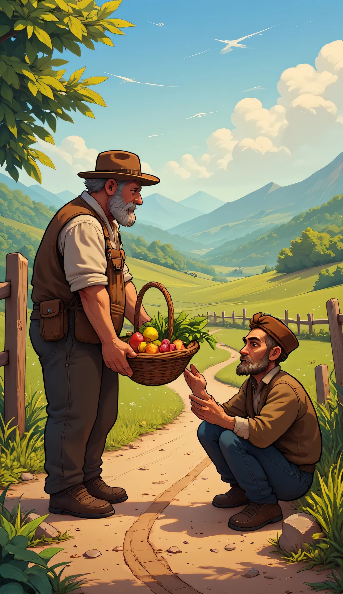 Show a farmer sharing his food with a poor beggar on the roadside.