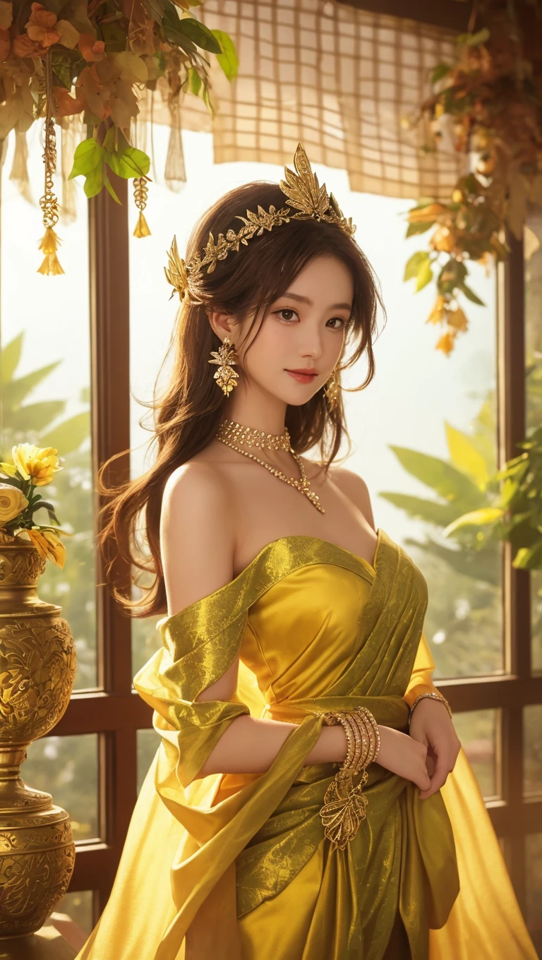 Full figure, -clinging shooting, 18 years old, golden firefly clothes, strap clothes, glowing clothes, ornaments, exquisite faces, details, hands, ultimate details, amazing magnificence, Pedaipan style, fiber hair, glowing golden iris, ((glowing flower)), sitting,