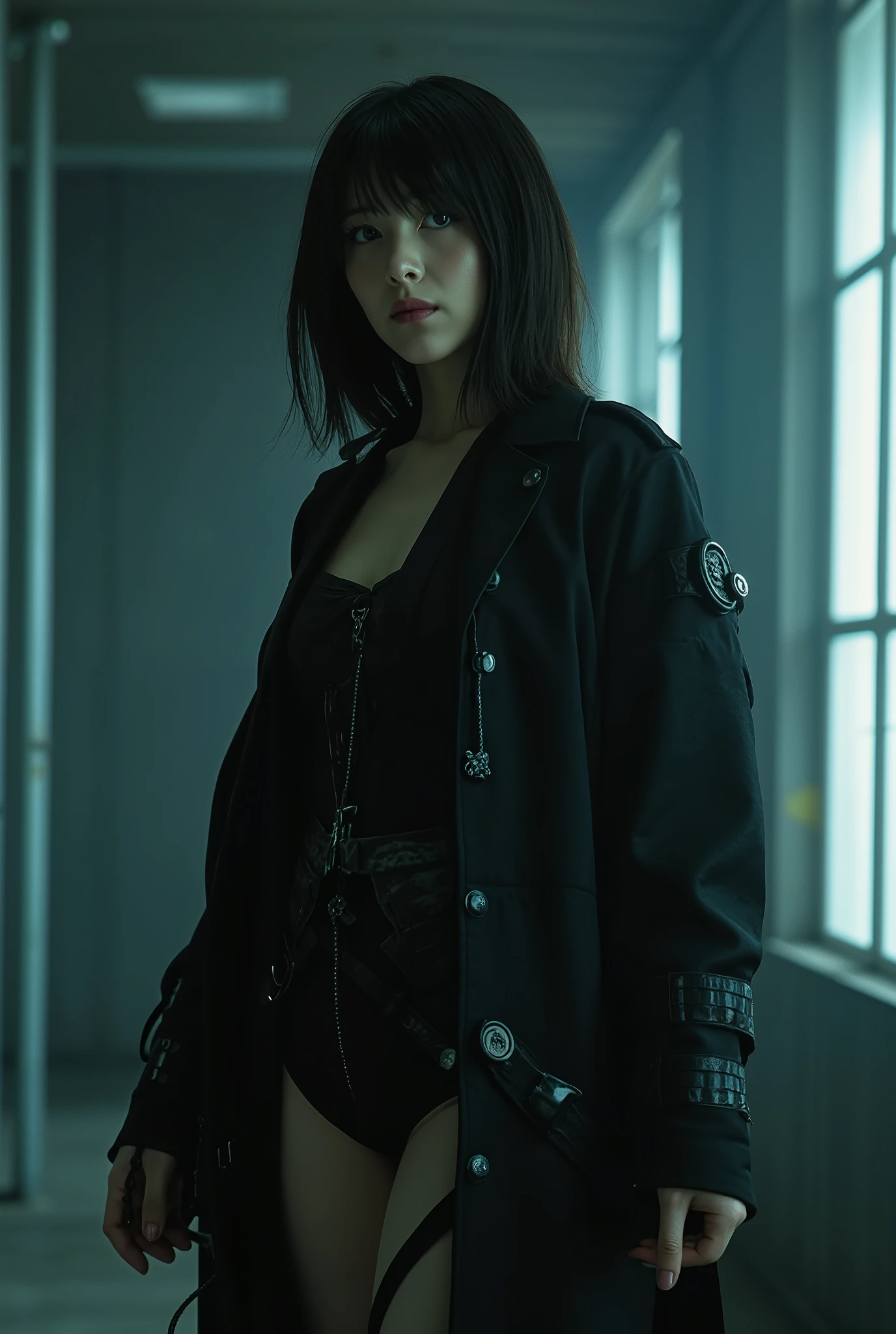 (((Hold a cyberpunk-style Japanese sword:2.0))),((whole body:2.0)),(( Look Back and Look at the Camera:1.5)),(Rear View:1.5),((Look back over your shoulder:1.5)), one woman,( cute face),(Beautiful well-balanced face ),( natural big breasted :1.5),( black hair:1.5),( beautiful eyes:1.3),Glamorous shot of a 20 year old Japanese woman , Slender Beautiful Body ,( model body type:1.3),(Slim body:1.3), perfect body line, Ideal Proportions ,( big breasts:1.5),Bare thighs,Voluptuous thighs, delicate body,( Shrimp),A harmonious posture,(Beautiful ass:2.0),(( Cute ass:2.0)), ((((bare ass :2.0)))),((( T-back :2.0))),(Realistic breast depiction ), carefully depicting limbs based on perfect anatomy ,((Wear a samurai kimono-style military coat with an open front over a black super high-leg leotard :2.0,((Ultra high-leg leotard made of form-fitting camy-like latex:1.5)),((A samurai kimono-style military jacket with an open front over a leotard:1.5)),(ear monitor:1.5),((Tactical Holster:1.5)),( gloves:1.3), concept art,((( HR Gigger-style cyberpunk atmosphere :2.0))),( best quality :1.5),(masterpiece:1.5),(超高resolution),resolution,UHD,( Delicate Depiction), carefully drawn with butterfly wings ,32K,(( Realistic Skin Texture :1.5)),((( Ultra Realistic:1.5))),Draw eyelashes carefully, very detailed face,Highly detailed female hand,Sexy appearance,Very sensual,(((The dark interior of the Nostromo ship :2.0))),(Blurry Dim Backgrounds :1.5), Polo,( movie lights:2.0),((Blade Runner Style Light :2.0))