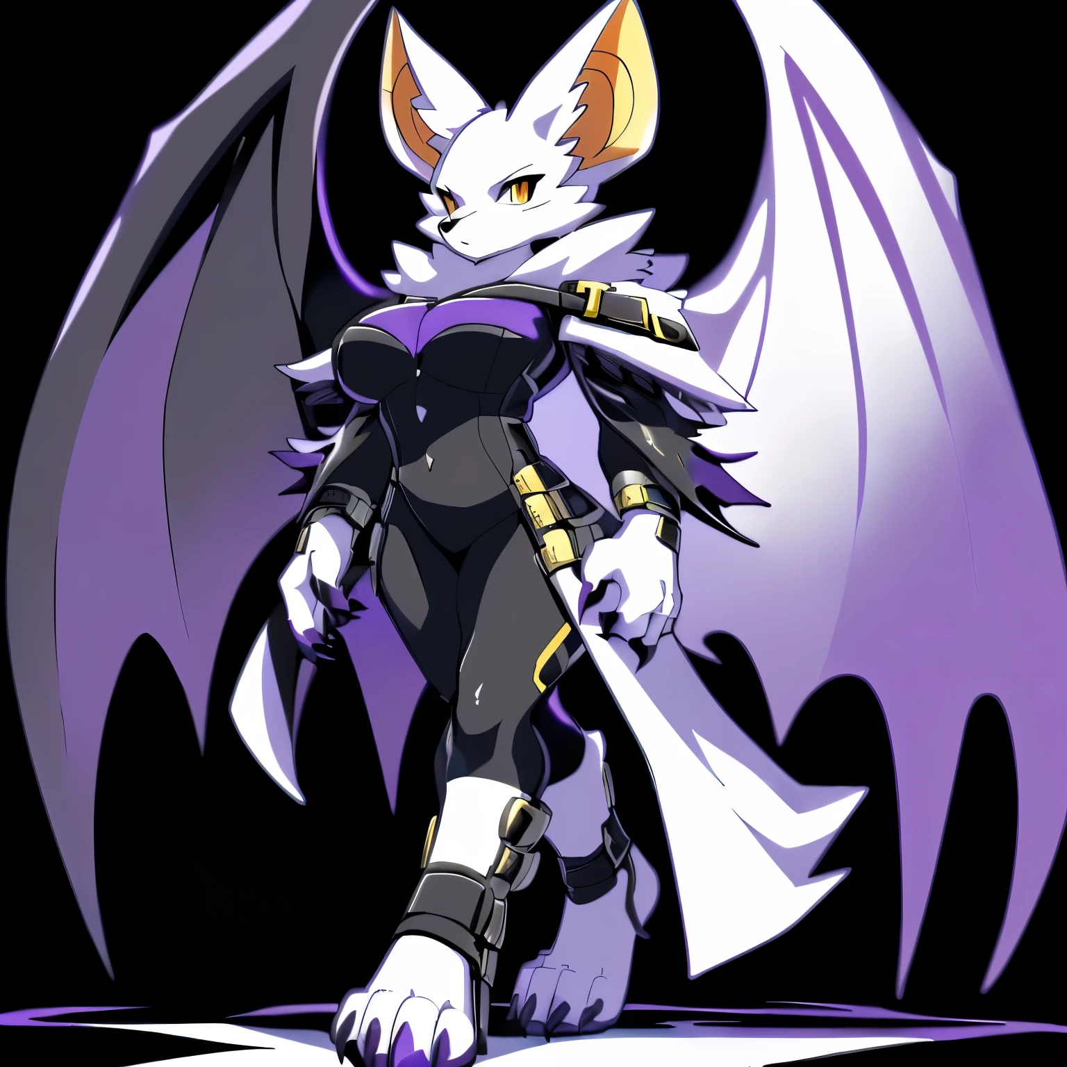 Anime, anime style, ((single person:2)), ((solo drawing:2)), ((solo:2)), ((three-quarter view)), ((Looking to the side)), ((sfw version)), ((female Anthro bat)), ((Tall figure)), ((buxom figure)), ((short white fur)), clawed hands, ((clawed paws)), ((Single Pair of Wings)), ((Huge Bat Wings)), ((Purple and black Bat Wings:1.3)), ((white bat ears)), ((wearing an intimidating outfit that is black and purple)), ((white face)), ((neutral expression)), vivid golden eyes, ((digitigrade legs)), ((digitigrade feet)), ((walking)), solid black background, highly detailed anime style, clean lines, white face, short white muzzle, white furry cheeks, white furry muzzle, ((white foot paws)), ((foot paws with four toes)), ((Claws on paws))