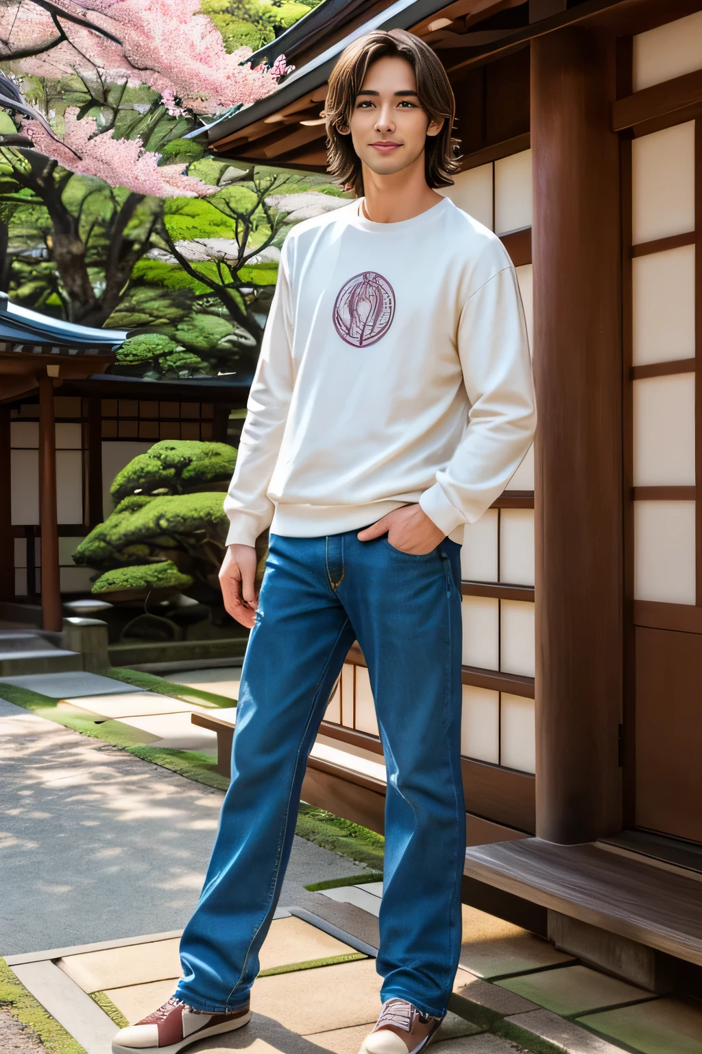  25 year old cool guy 、Model-like、 chic and casual clothes、 delicate face、 is cool、I'm a brown-haired 、 brown eyes、Sunny daytime、Cool standing posture、 touring Kinkakuji in Japan 、 live-action shooting style 、High quality 8K、 bright smile、Model-like、winter season 、