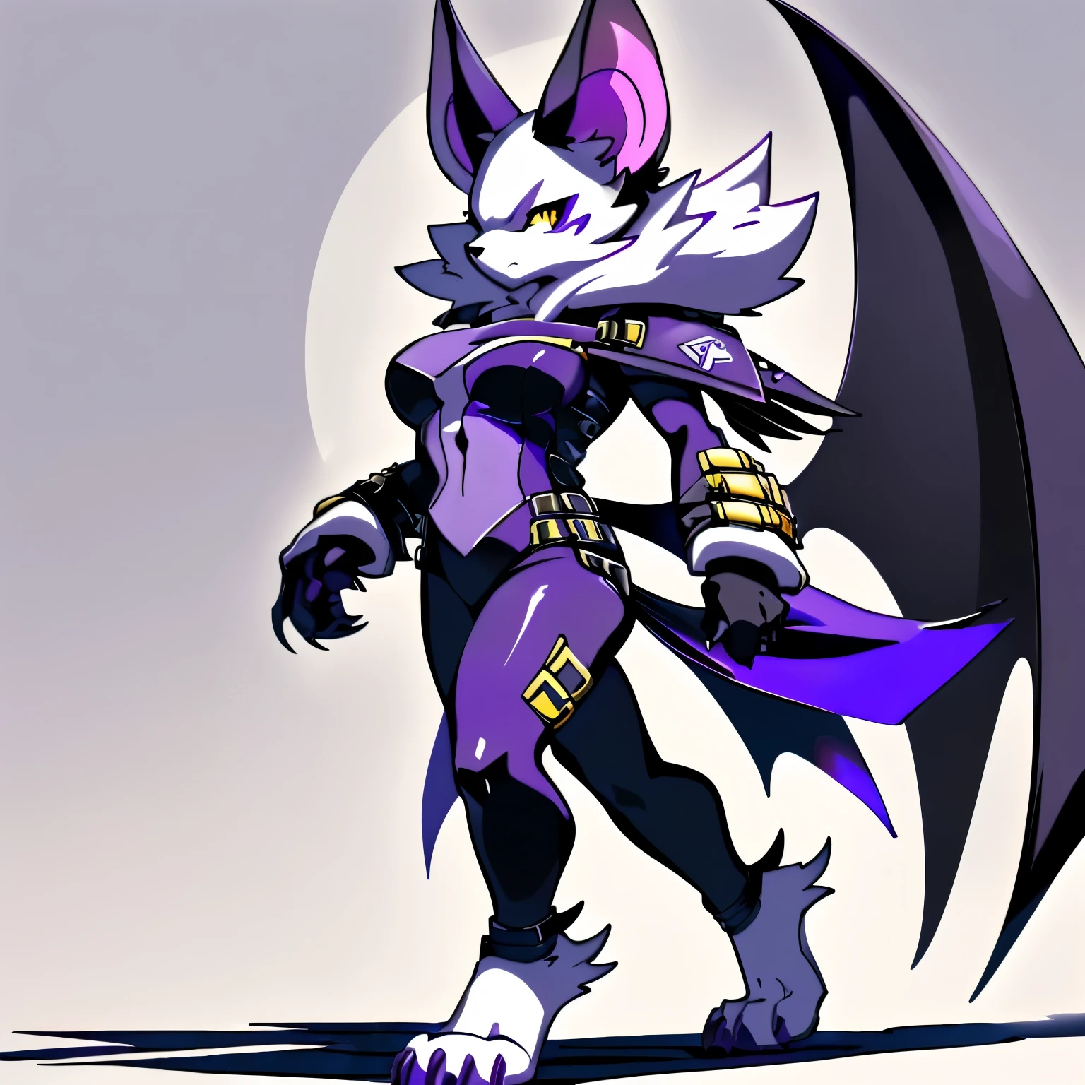 Anime, anime style, ((single person:2)), ((solo drawing:2)), ((solo:2)), ((three-quarter view)), ((Looking to the side)), ((sfw version)), ((female Anthro bat)), ((Tall figure)), ((buxom figure)), ((short white fur)), clawed hands, ((clawed paws)), ((Single Pair of Wings)), ((Huge Bat Wings)), ((Purple and black Bat Wings:1.3)), ((white bat ears)), ((wearing an intimidating outfit that is black and purple)), ((white face)), ((neutral expression)), vivid golden eyes, ((digitigrade legs)), ((digitigrade feet)), ((walking)), solid black background, highly detailed anime style, clean lines, white face, short white muzzle, white furry cheeks, white furry muzzle, ((white foot paws)), ((foot paws with four toes)), ((Claws on paws))