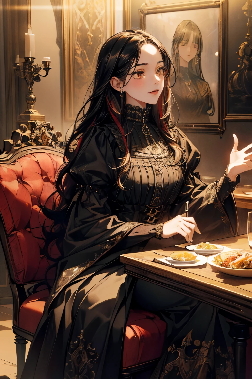 ((Masterpiece:1.2)), (Top Quality), (Photorealistic, Photorealistic:1.37), (Detailed), (Cute Illustration:1.5), (Very beautiful woman with a very cute smile), (Very beautiful symmetrical face), (Excessively mature attractive woman), (Strong highlights in the eyes), (High Resolution), (32K), (Very Detailed), (Beautifully Detailed Eyes), (Official Art), {{Masterpiece, Top Quality, Highly Detailed CG, Uniform 8K high resolution, cinematic lighting}},(beautiful aesthetic:1.2),(anatomically normal, 8k, 16k, ultra detailed, aesthetic),(best illustration),8K,3D,joy,airy clean background,aesthetic atmosphere,subdued color tones,dramatic studio lighting,high contrast,photorealism,full body,(wearing a long skirt in a gothic outfit),(woman with long black hair),orange eyes,vibrant impact,away from camera,anatomically correct,(evening: gothic and her boyfriend are having dinner in a small restaurant)