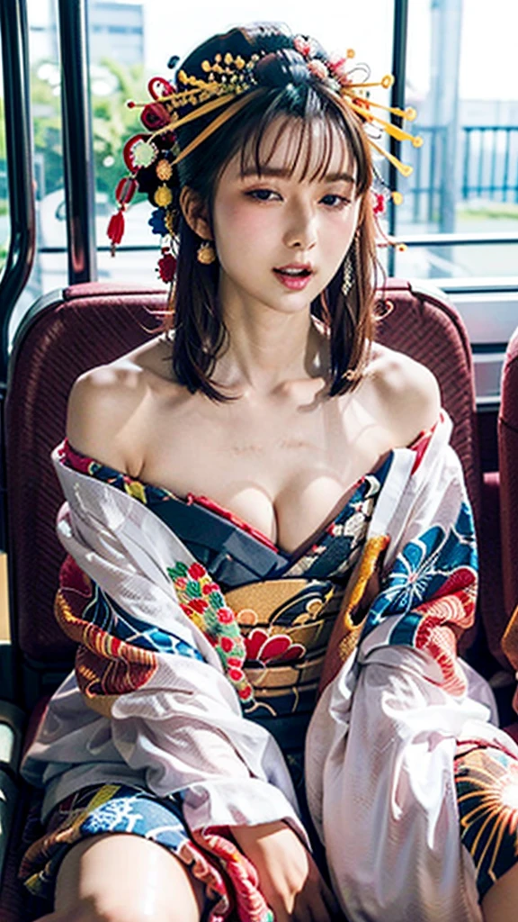 masterpiece、Highest quality、High resolution、Tabletop、wallpaper、Realistic、Bright lighting、Professional Lighting、Face Light、Smooth lighting、Japanese women、Adult female、Beautiful woman、、Modeled、gravure、sexly、so beautiful、Beautiful Skin、Beautiful and exquisite、Detailed face、slim、Large Breasts、Cleavage 、short hair、Brunette colored hair、Brown eyes、Japanese Kimono、Japanese Yukata、(Eyes closed:1.5)、(Expression of enduring pain:1.5)、(Expression of enduring pain:1.5)、In a crowded train、The man is in front of the woman、He has his face close to the woman's chest、