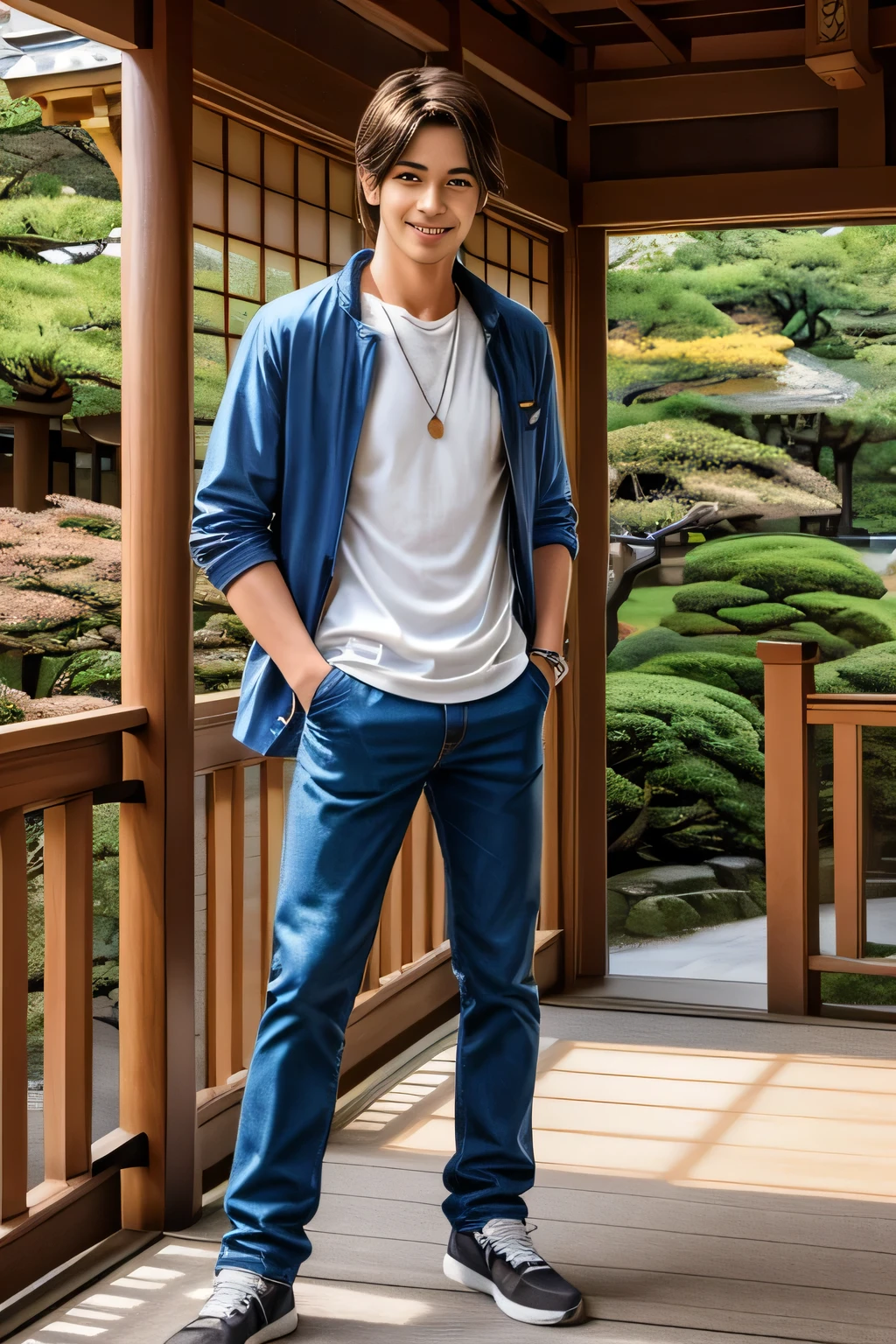  25 year old cool guy 、Model-like、 chic and casual clothes、 delicate face、 is cool、I'm a brown-haired 、 brown eyes、Sunny daytime、Cool standing posture、 touring Kinkakuji in Japan 、 live-action shooting style 、High quality 8K、 bright smile、Model-like、One Man 、
