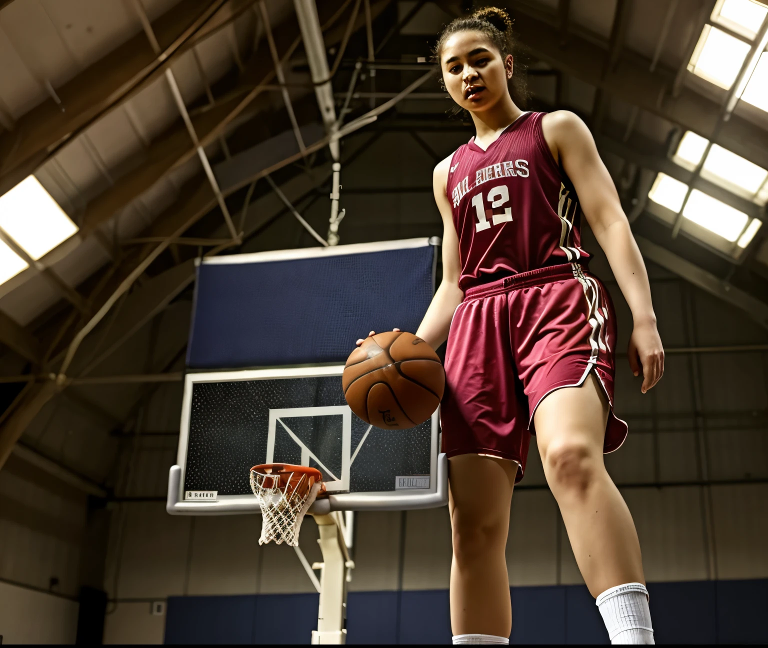 Extremely tallest 19 years old girl, athlete, in sport hall, standing taller than basketball net, she is in wonder