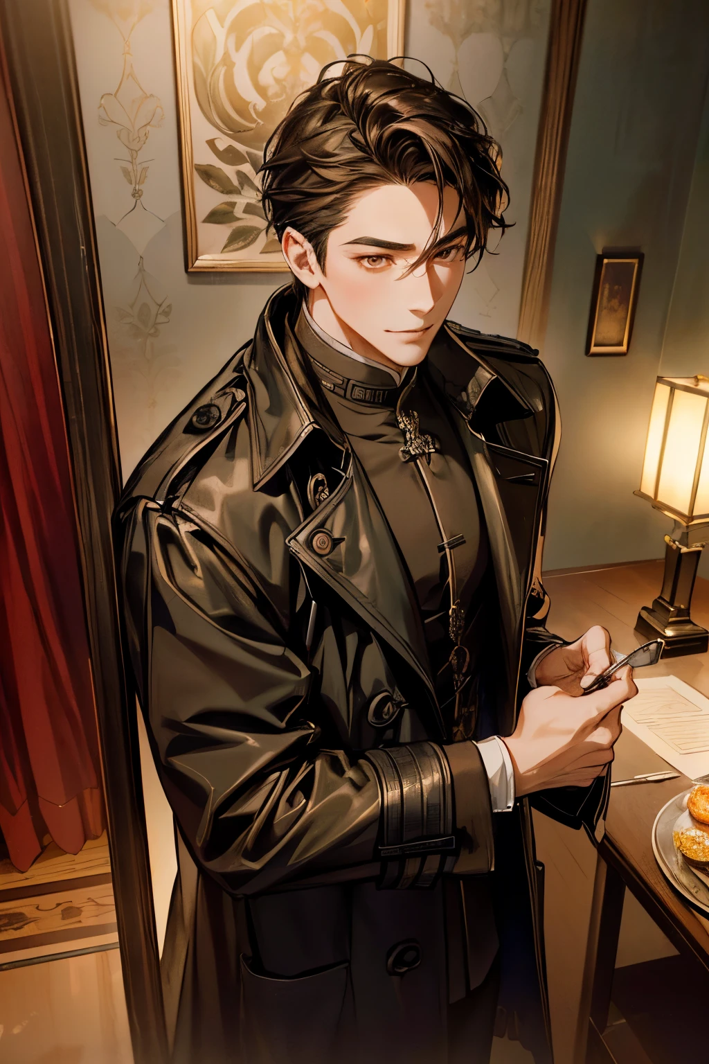 ((masterpiece:1.2))、( best quality )、( photorealistic、 photorealistic:1.37)、( Details)、( and a very charming smiling man)、( Very Beautiful Symmetrical Face )、( attractive man)、(Eye-catching highlights)、( high resolution)、(32K)、(非常に Details)、(美しく Detailsな目)、( Official Art)、{{masterpiece、 best quality 、非常に Detailsな CG、均一な 8k high resolution、 cinematic lighting }}、(美しくMidea:1.2)、(Anatomically normal、8k、16k、超 Details、Midea)、( best illustration)、8k、3d、joy、 airy clean background 、Midea雰囲気、 muted colors、 dramatic studio lighting 、 High Contrast、 photorealism 、whole body、(Wearing a trench coat)、( dark haired man)、 orange eyes 、 makes a vivid impression 、Away from camera 、 anatomically correct、(evening: Gothic and her boyfriend are having dinner at a small restaurant)