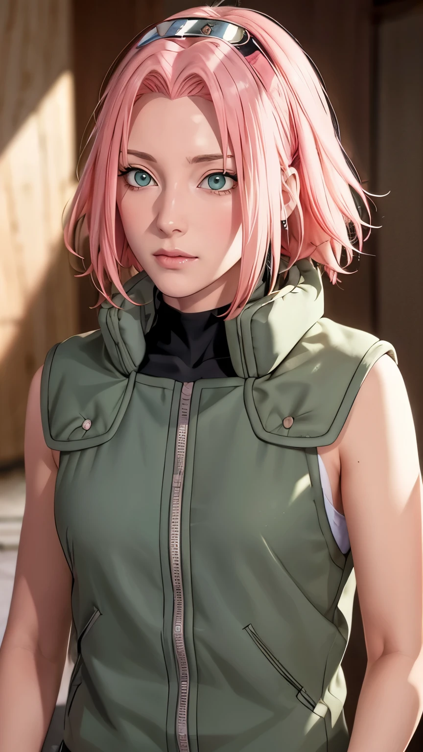 (((short hair,pink hair,(((danya,Sakura,green eyes,bangs,forehead protector, shinobi symbol, )))))),((masterpiece)),high resolution, ((Best quality at best)),masterpiece,quality,Best quality,((( Exquisite facial features,looking at the audience,There is light in the eyes,blush,shy )))