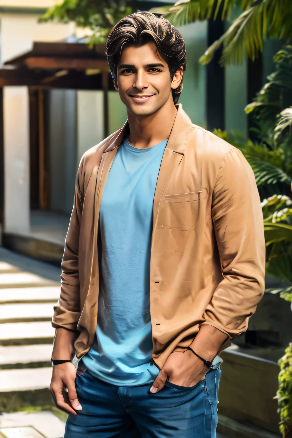 Gravure actor、Chic and casual clothing、Delicate face、good looking、Her hair color is brown.、Brown eyes、Live-action shooting style、High resolution 8k、Bright smile、Like a model、Miami Vice actor、Back to Kinkakuji in winter、完璧なgood lookingなcool guy、good lookingboy、Perfect boy、