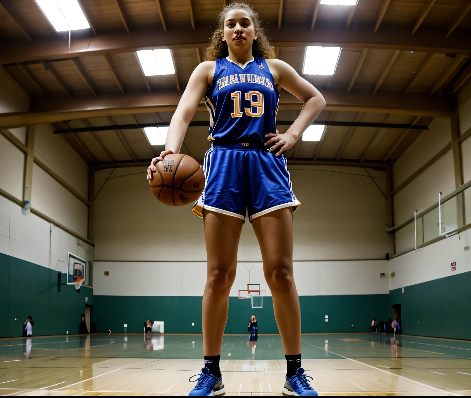 Extremely tallest 19 years old girl, athlete, in sport hall, standing taller than basketball net, she is in wonder