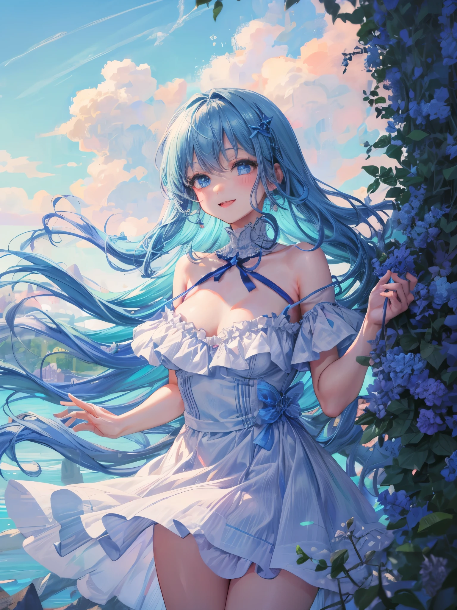 art by Cornflower,( Masterpiece),(4K), High Quality ,( Uyuni Salt Lake),( reflecting the spreading blue sky and summer clouds),(From a very tall ),(EXTRA WIDE ANGLE ), 1 girl, small breasts, beautiful pastel blue hair , blue-white skin, Light blue collared dress , beautiful smile, Beautiful Detailed Blue Eyes , ( high-definition and elegant ),  Happy atmosphere like a dream,  detailed skin, Bokeh, Silky to the touch ,  hyper details pecking at the penis, pastel,  Cinematic Lighting 