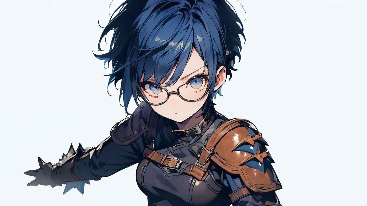 wilderness、Beauty ,Masterpiece, (20 years old), ((  Low Technology  :1.3)),((Leather clothing:1.3)), (),(  Battle Costume), ((Monster Hunter cosplayers:1.3)), ((  short hair:1.2)),(  Battlefield-like :1.2), Big Sword:1.2,  Shrimp, ((Combat Stance)),((  Dynamic Action :1.3)), ((  slender body:1.3)),(  big breasted  ), (  perfect body),((  skinny)), ((  viewers)),  upper body, (  detailed face :1.2), (  detailed eyes),(  big eyes), (  sharp),(( pubic skin :1.3)),(  clean skin), ((Visual beauty)) Glasses、  short hair、Blue Hair Color、 Curly Hair、　  upper body、 Glasses、 white background