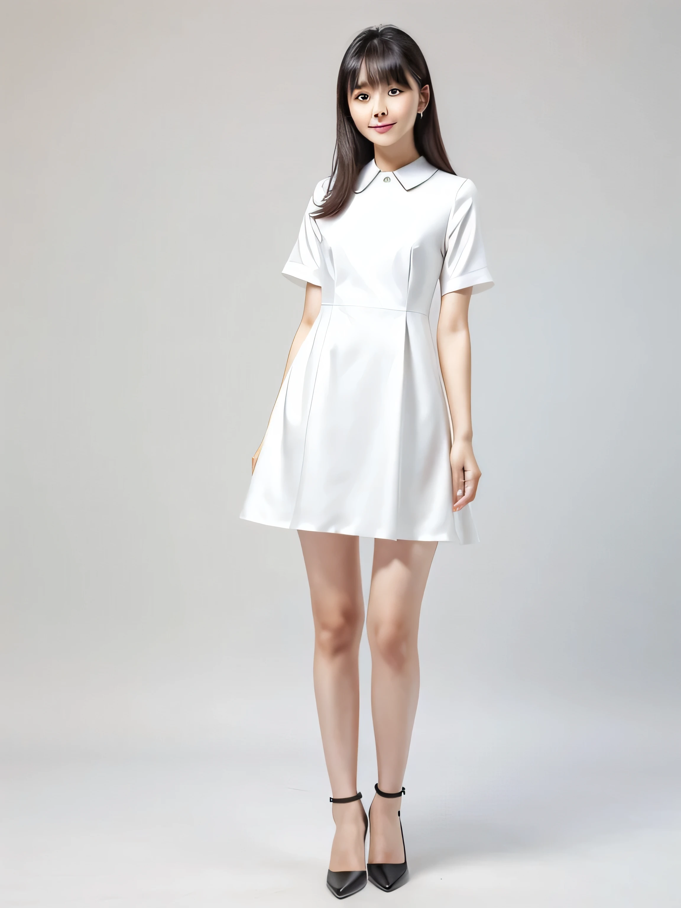 Highest quality,masterpiece,Ultra-high resolution,(Actual:1.4),Original photo,Ultra-high resolution,8K,There are also women,Fair skin、white short sleeve dress ,
Long legs:1.5,Bright and beautiful,high waist,Flashy makeup,Gray background,